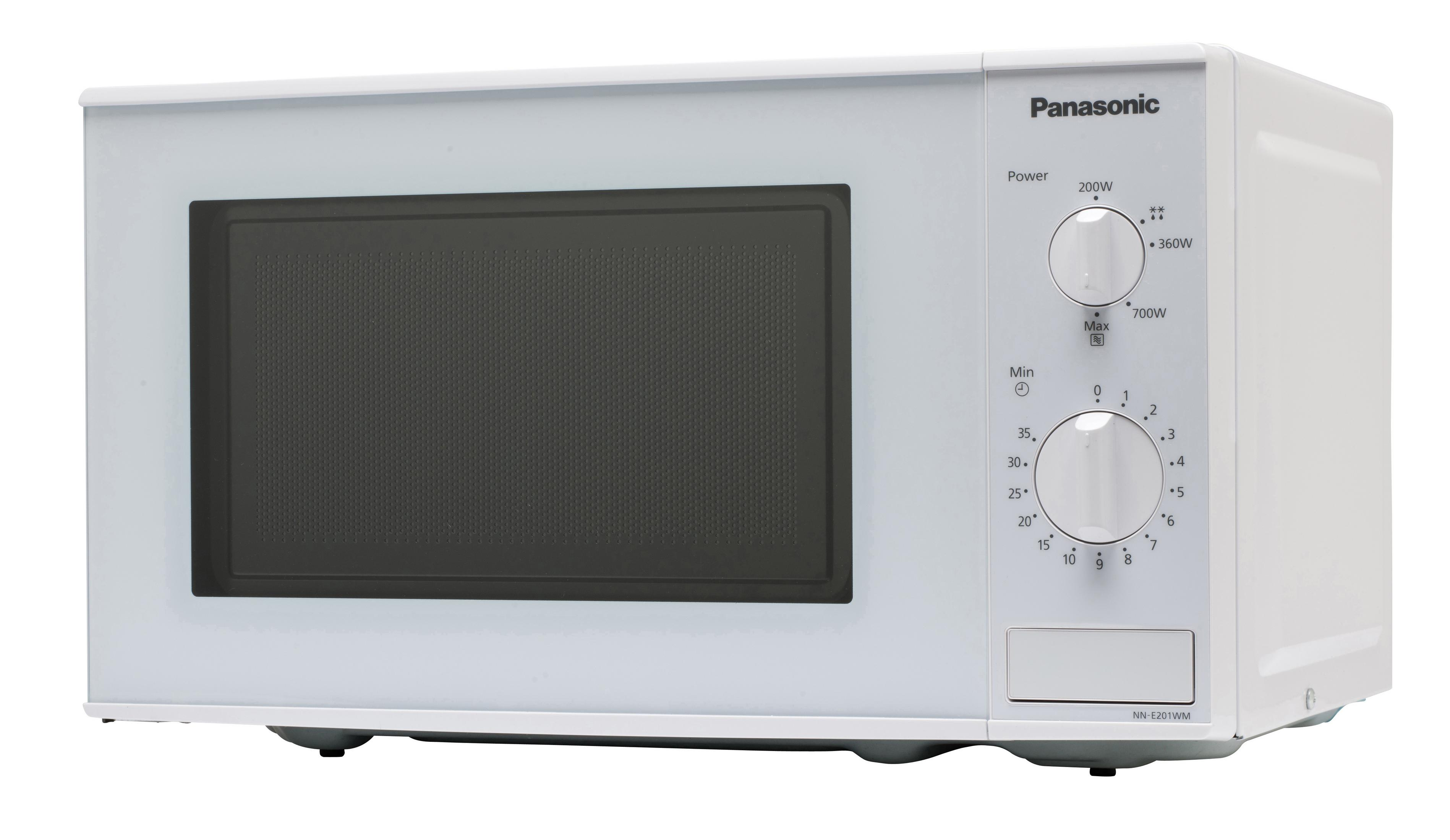 Weiße Panasonic Mikrowelle mit dunkler Tür, Drehreglern und Bedienfeld.