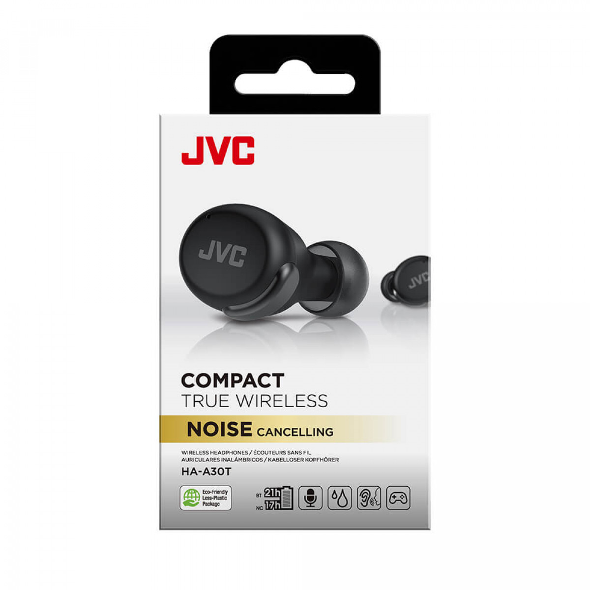 JVC-Ohrhörer in einer Box. Die Box zeigt Produkt- und Markeninformationen.