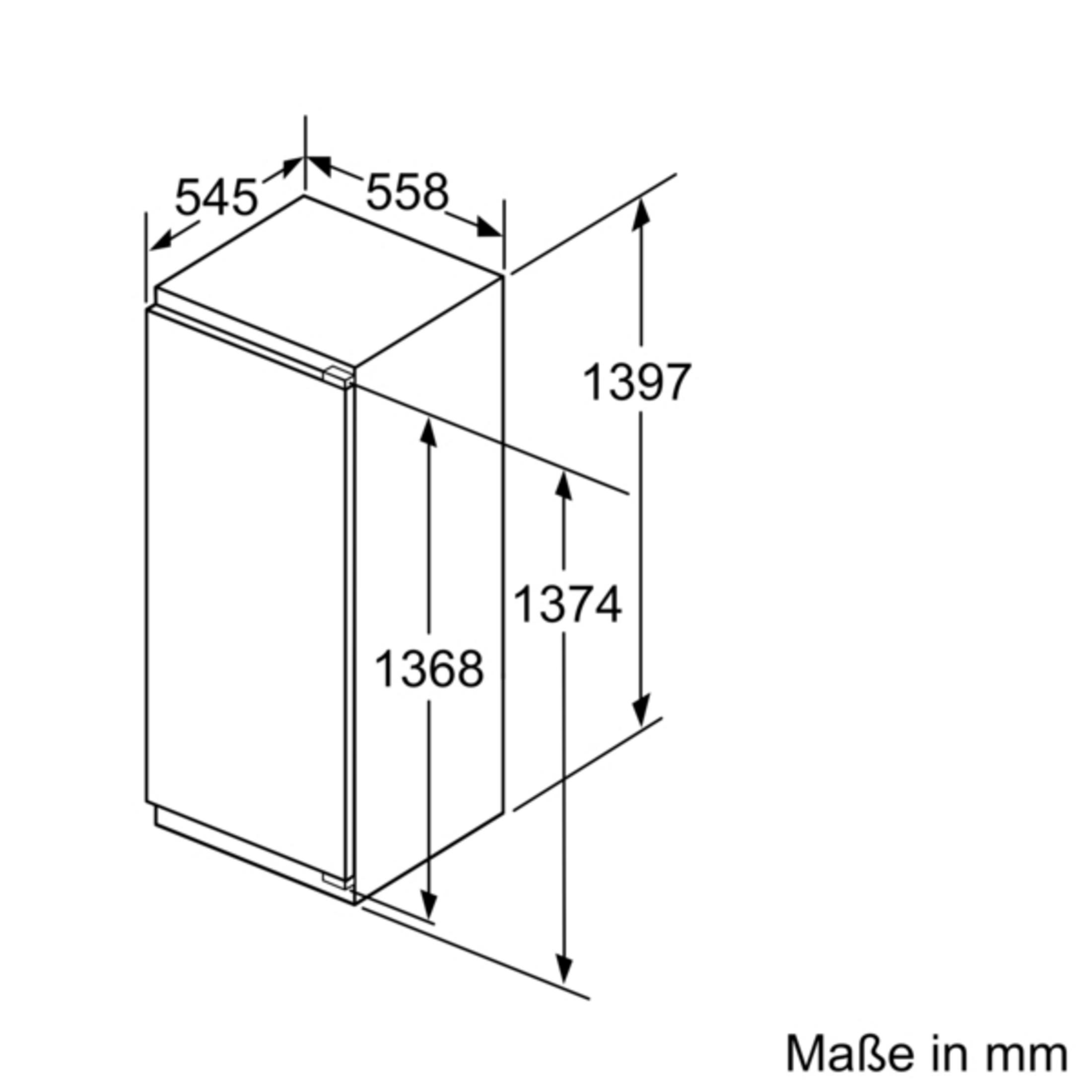 Ein Diagramm mit Abmessungen eines Kühlschranks. Zeigt Höhen-, Breiten- und Tiefenmaße.