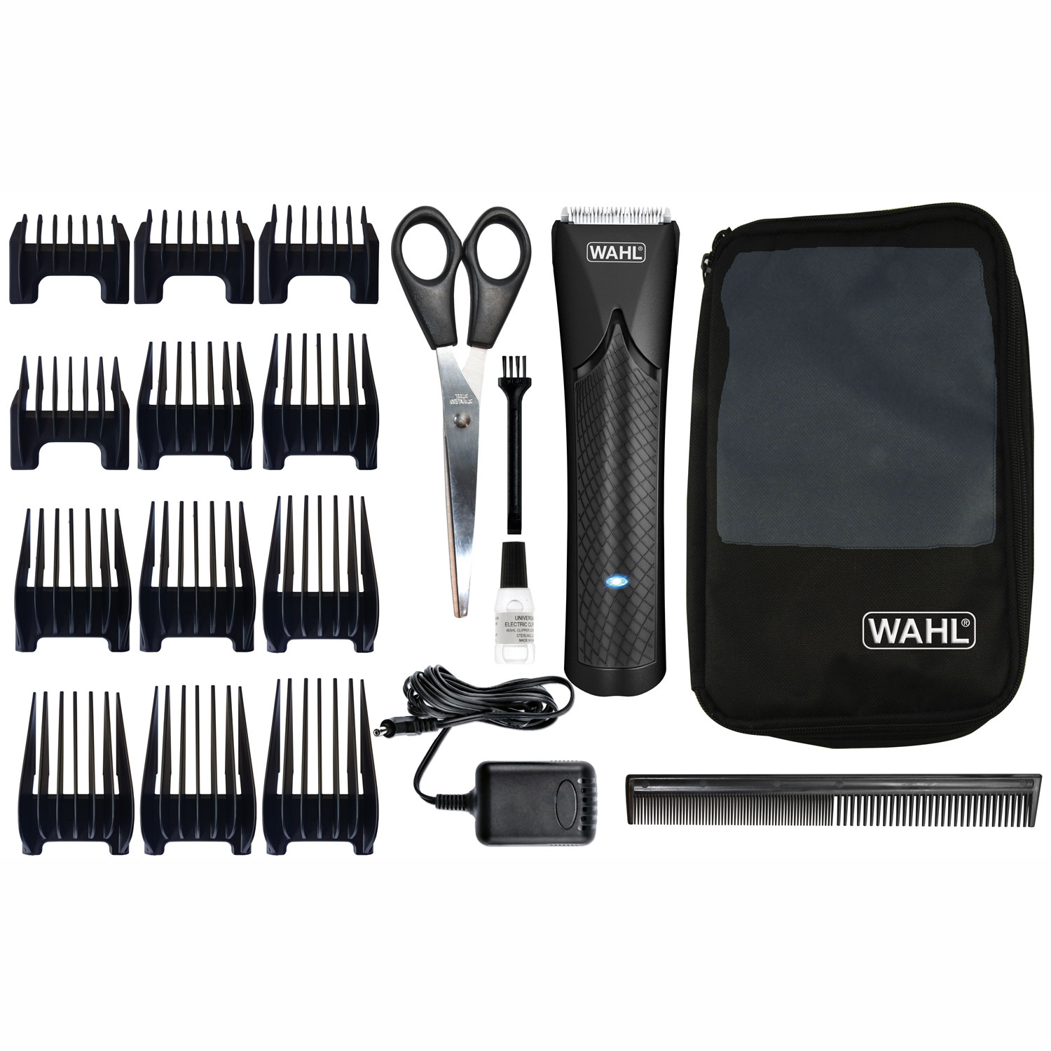 Wahl Haarschneide-Set. Haarschneider, Kämme, Schere, Ladegerät und eine Tragetasche auf Weiß.