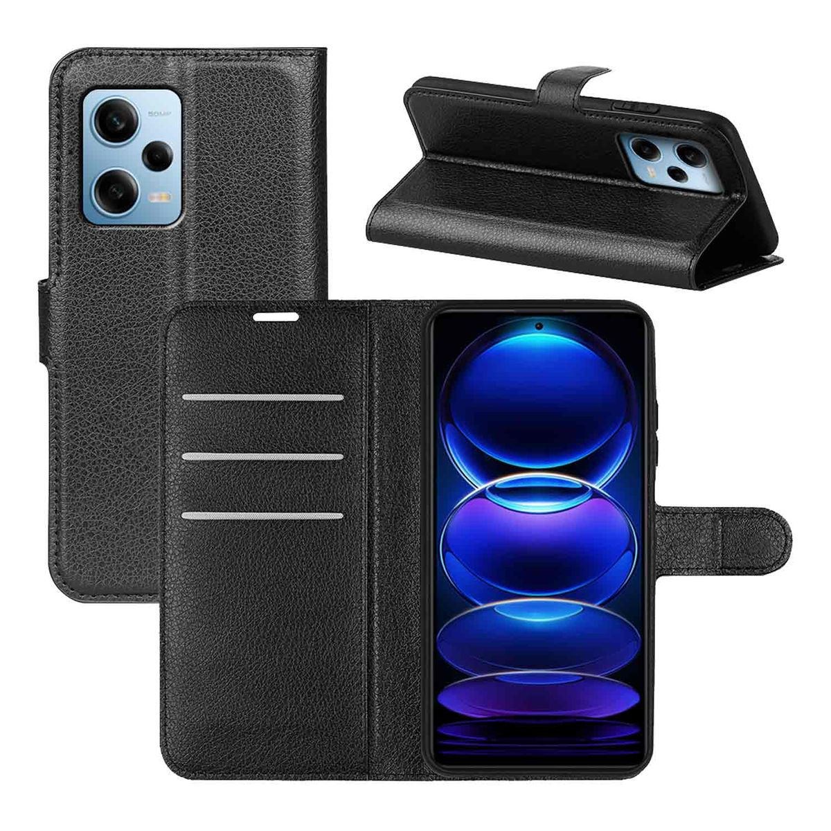 Eine schwarze Leder-Handyhülle in mehreren Ansichten, die das Telefon und Kartenfächer zeigt.
