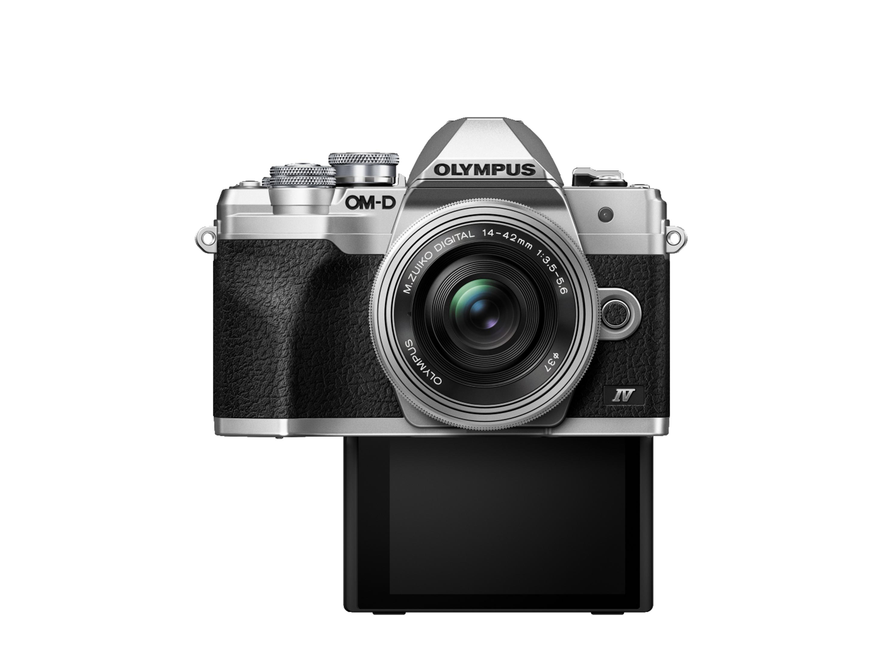 Silberne Olympus OM-D Kamera mit Objektiv und geöffnetem LCD-Bildschirm.