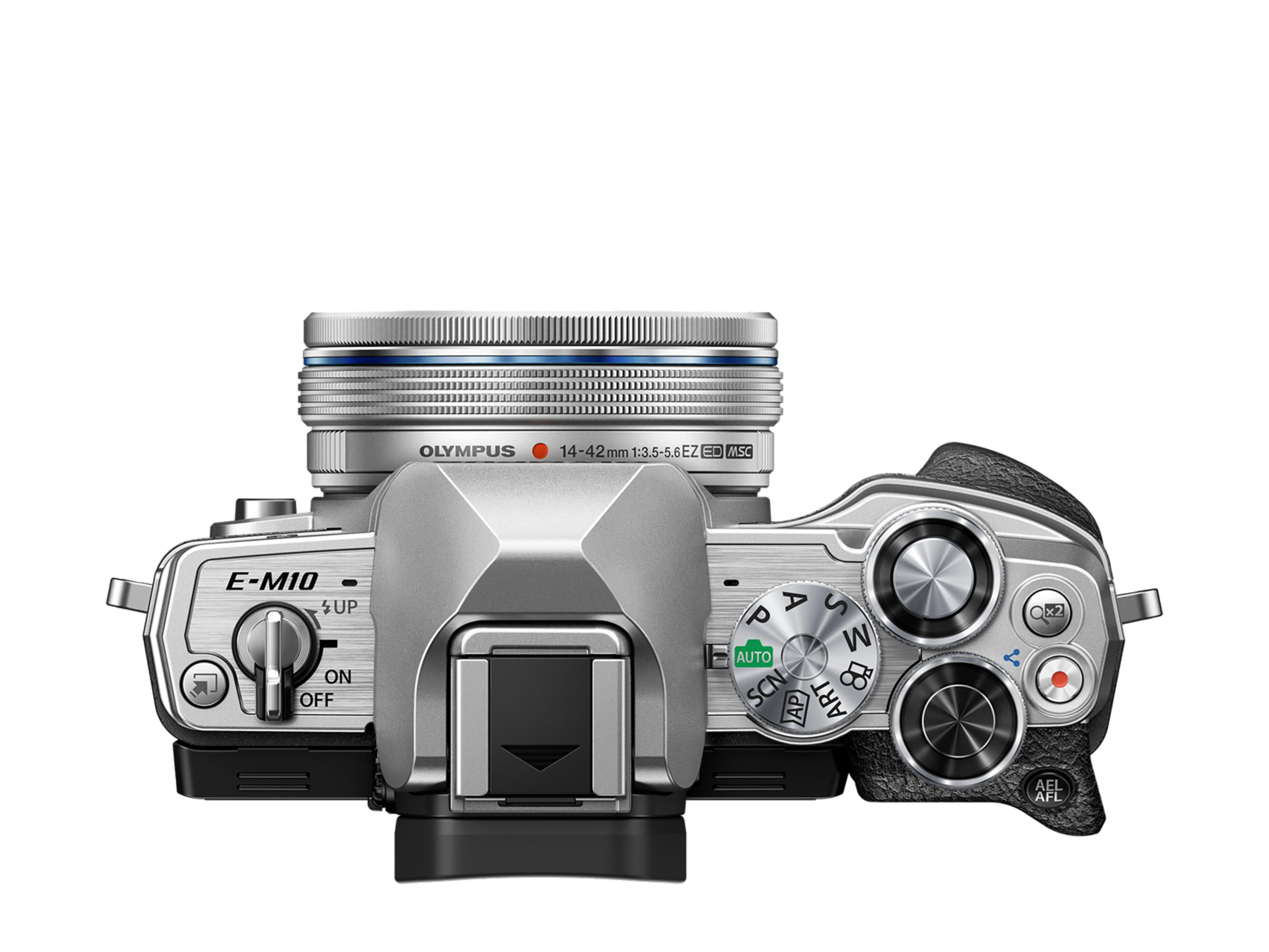 Olympus E-M10 Kamera, Draufsicht, silbernes Gehäuse, mit Objektiv und Bedienelementen sichtbar.