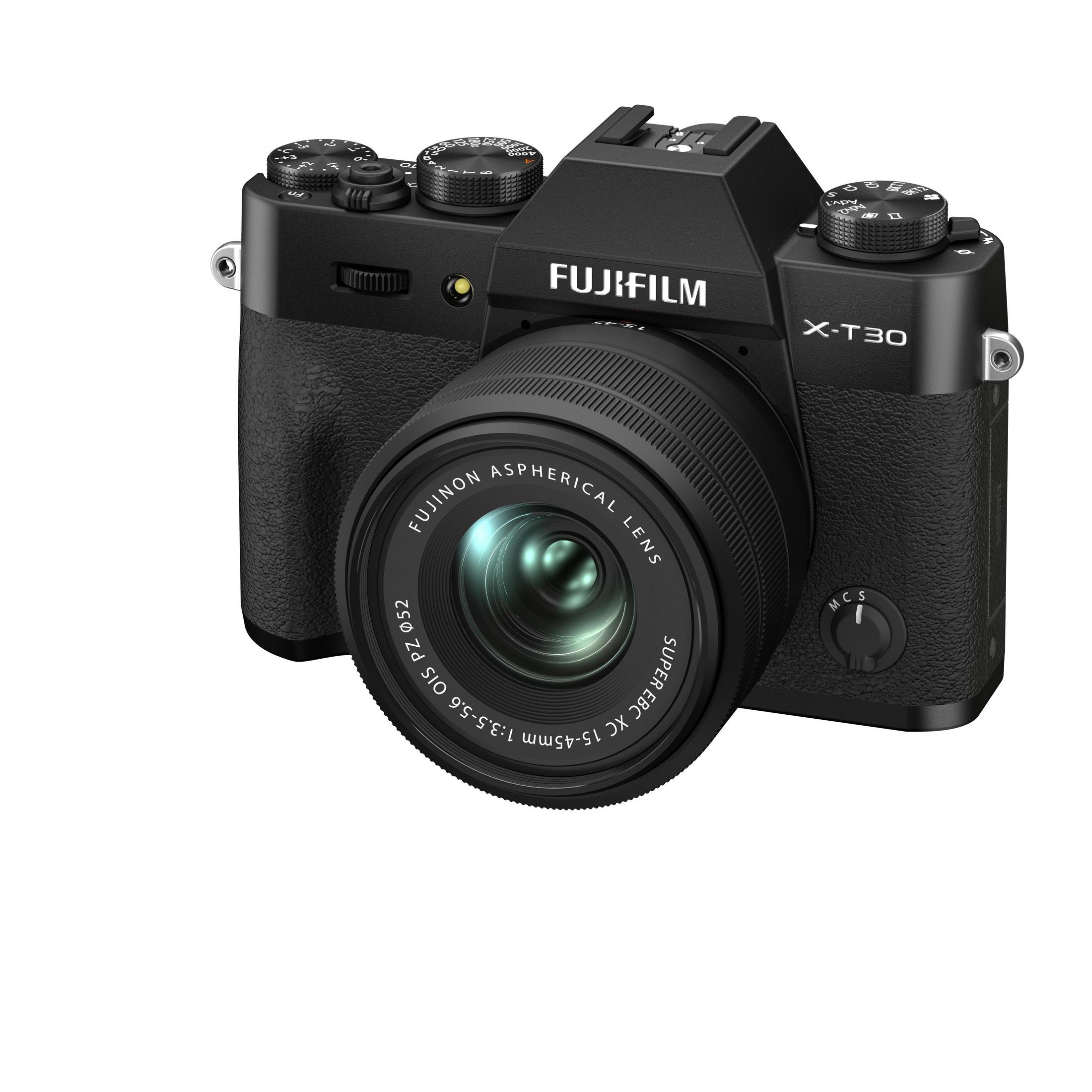 Schwarze Fujifilm X-T30 Kamera mit Objektiv auf weißem Hintergrund.