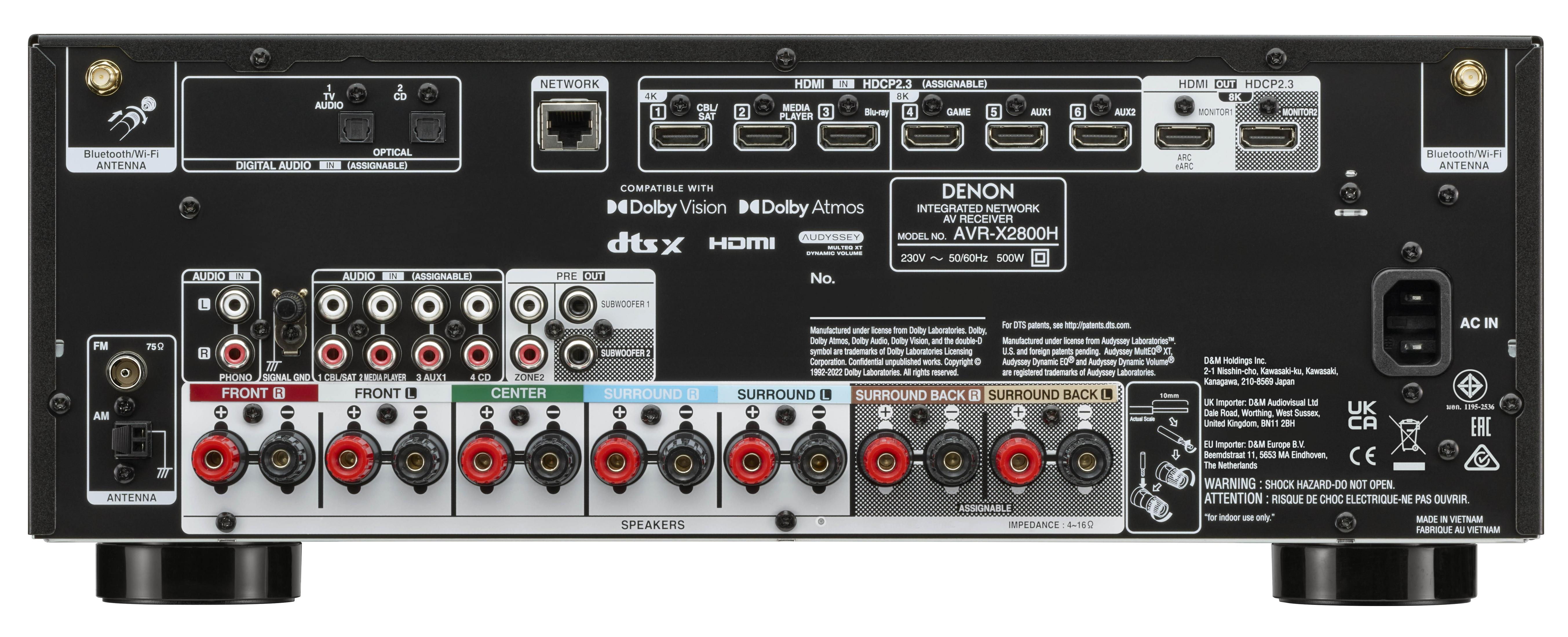 Parte trasera de un receptor AV Denon negro, puertos etiquetados y cable de alimentación.