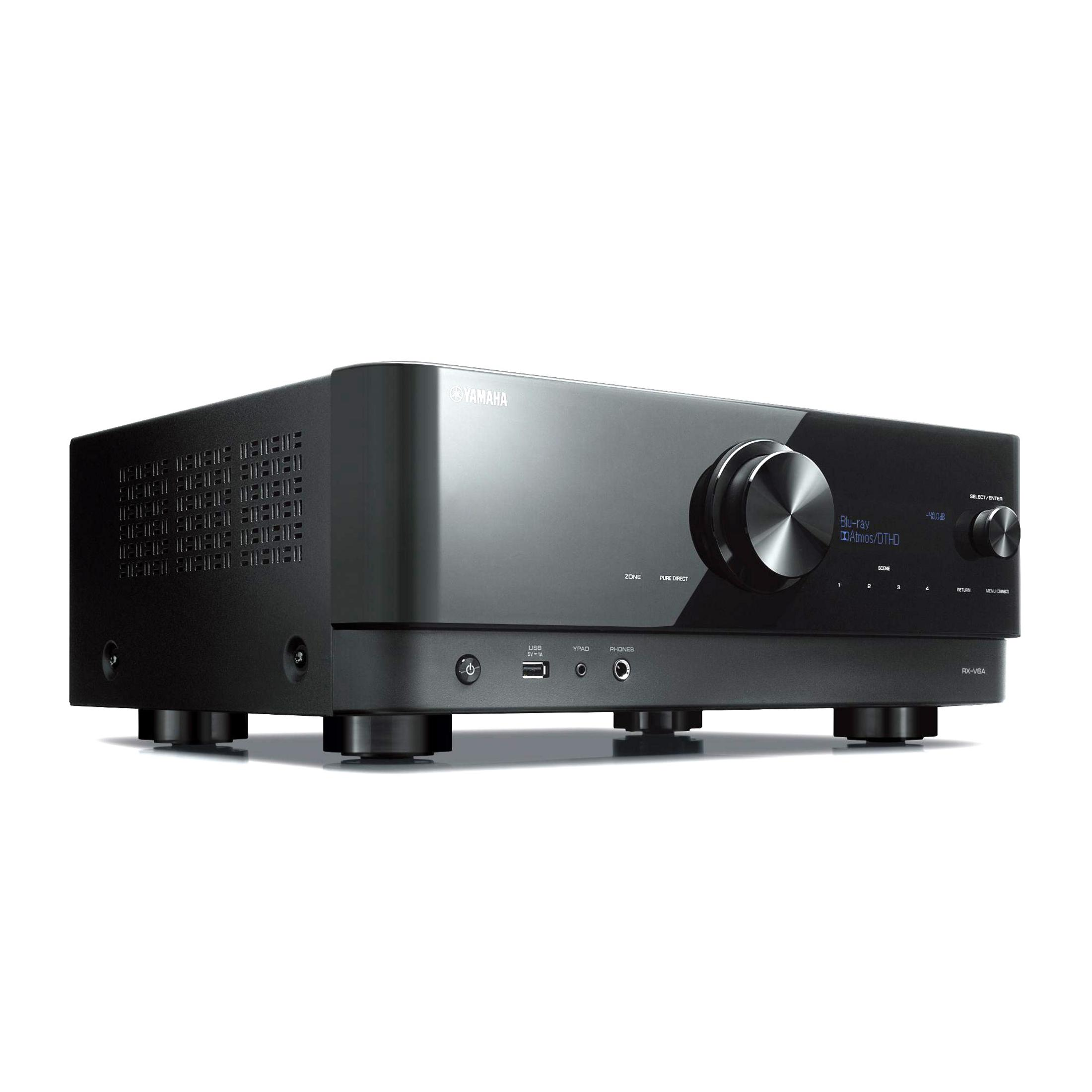 Schwarzer Yamaha Receiver mit großem Drehregler und Eingängen.