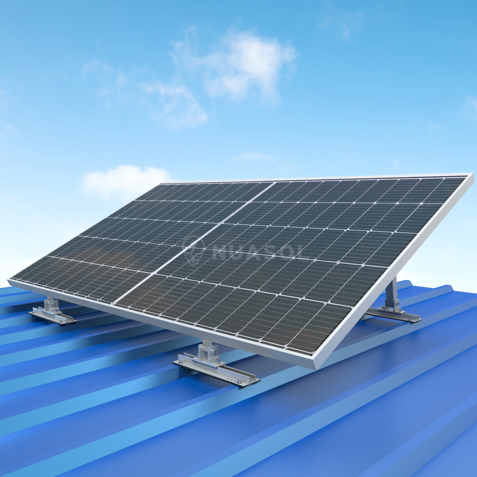 Solarpaneele auf einem blauen Dach mit klarem Himmel im Hintergrund.
