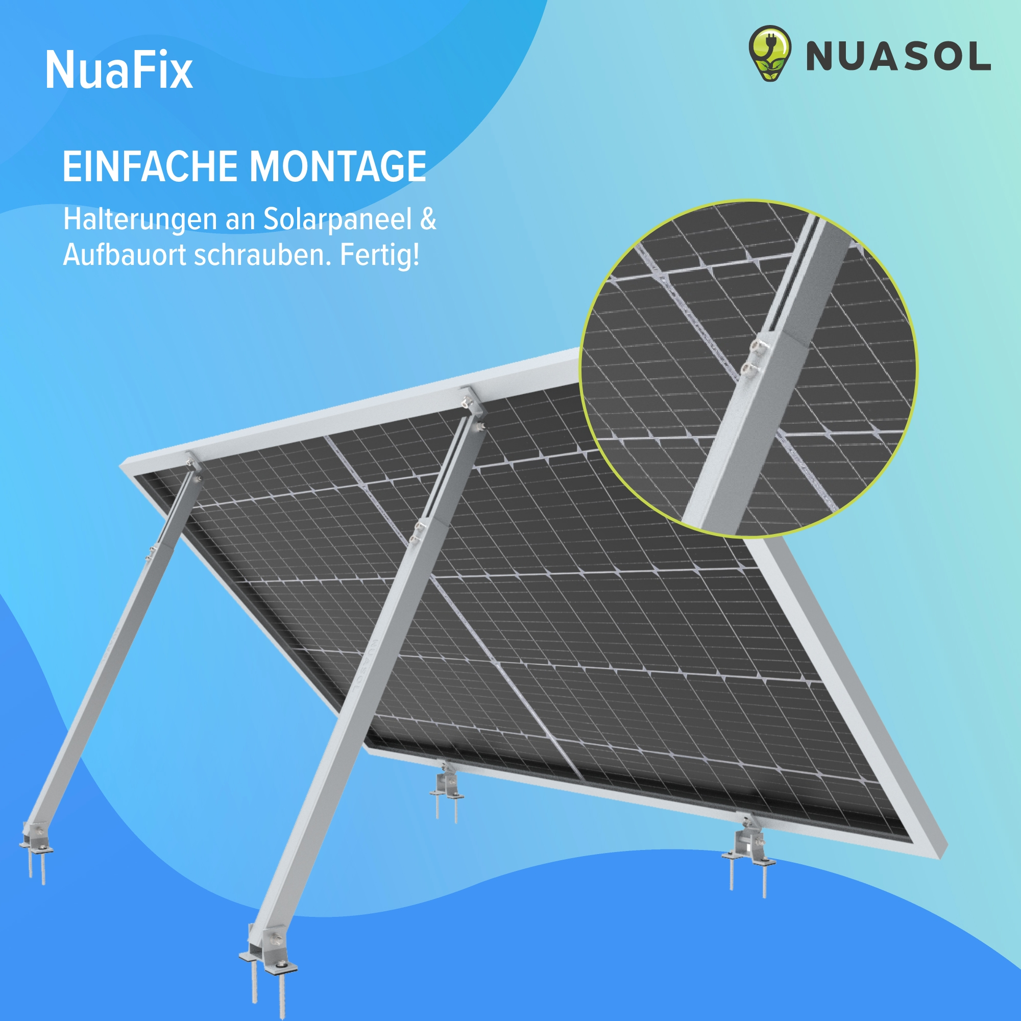 Solarpanel-Installation mit Text: NuaFix. Nahaufnahme der Halterung.
