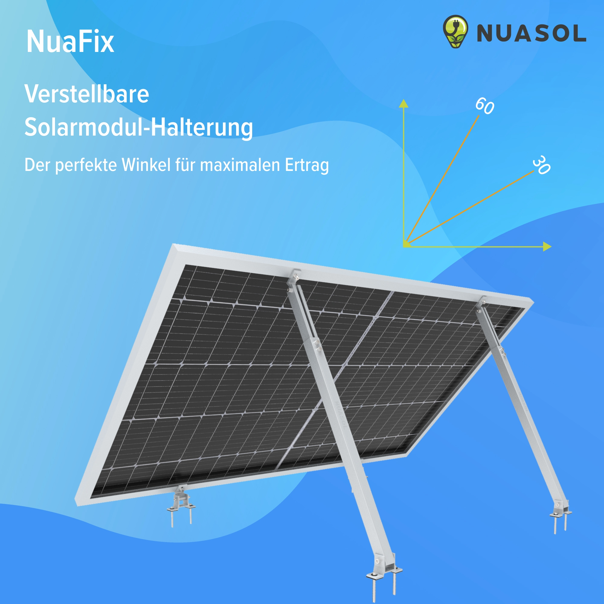 Solarmodulsystem mit verstellbaren Halterungen, montiert vor blauem Himmel.