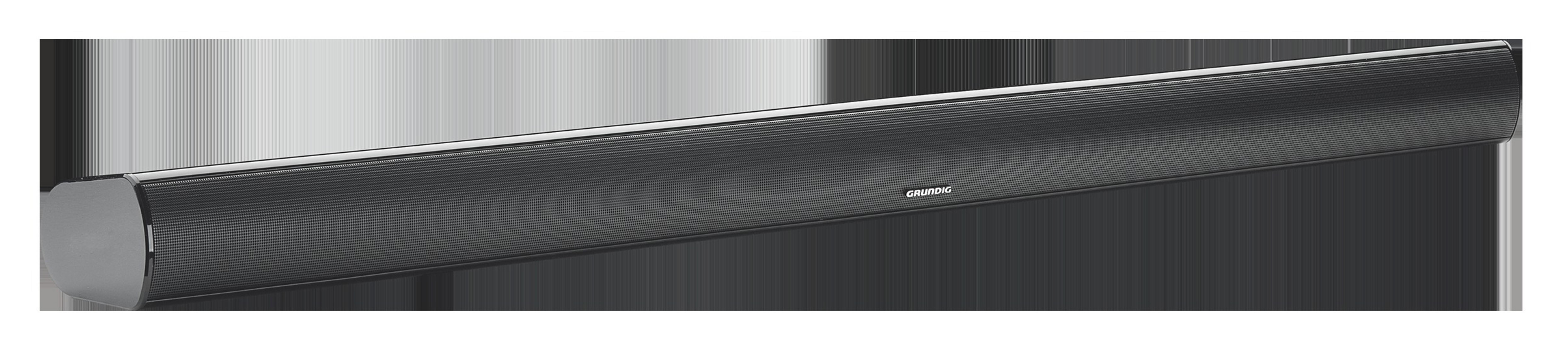 Długi, czarny soundbar z logo Grundig na białym tle. Soundbar jest poziomy.