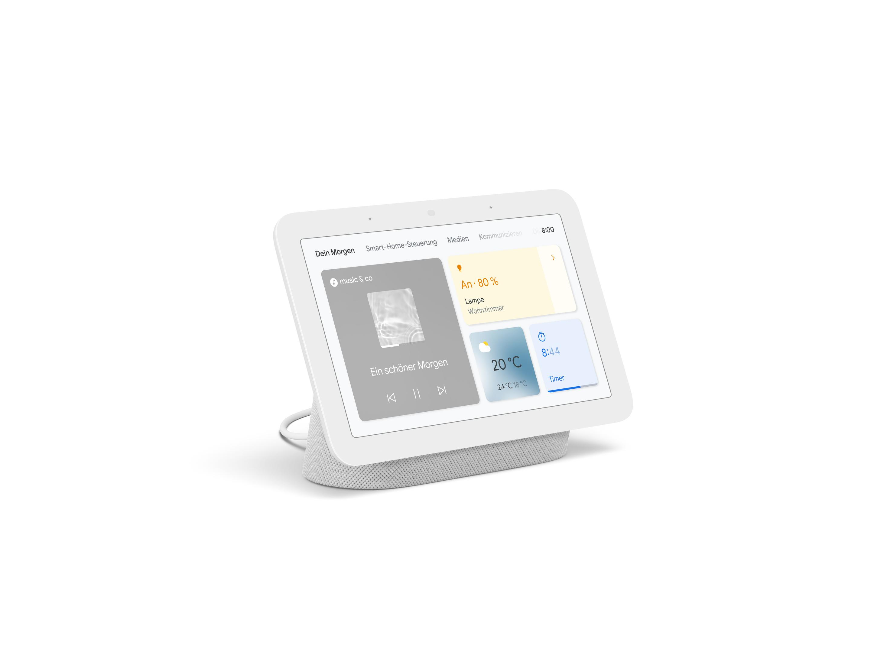 Un display intelligente Google Nest Hub bianco è posto su un supporto, mostrando un'interfaccia di controllo domestico.