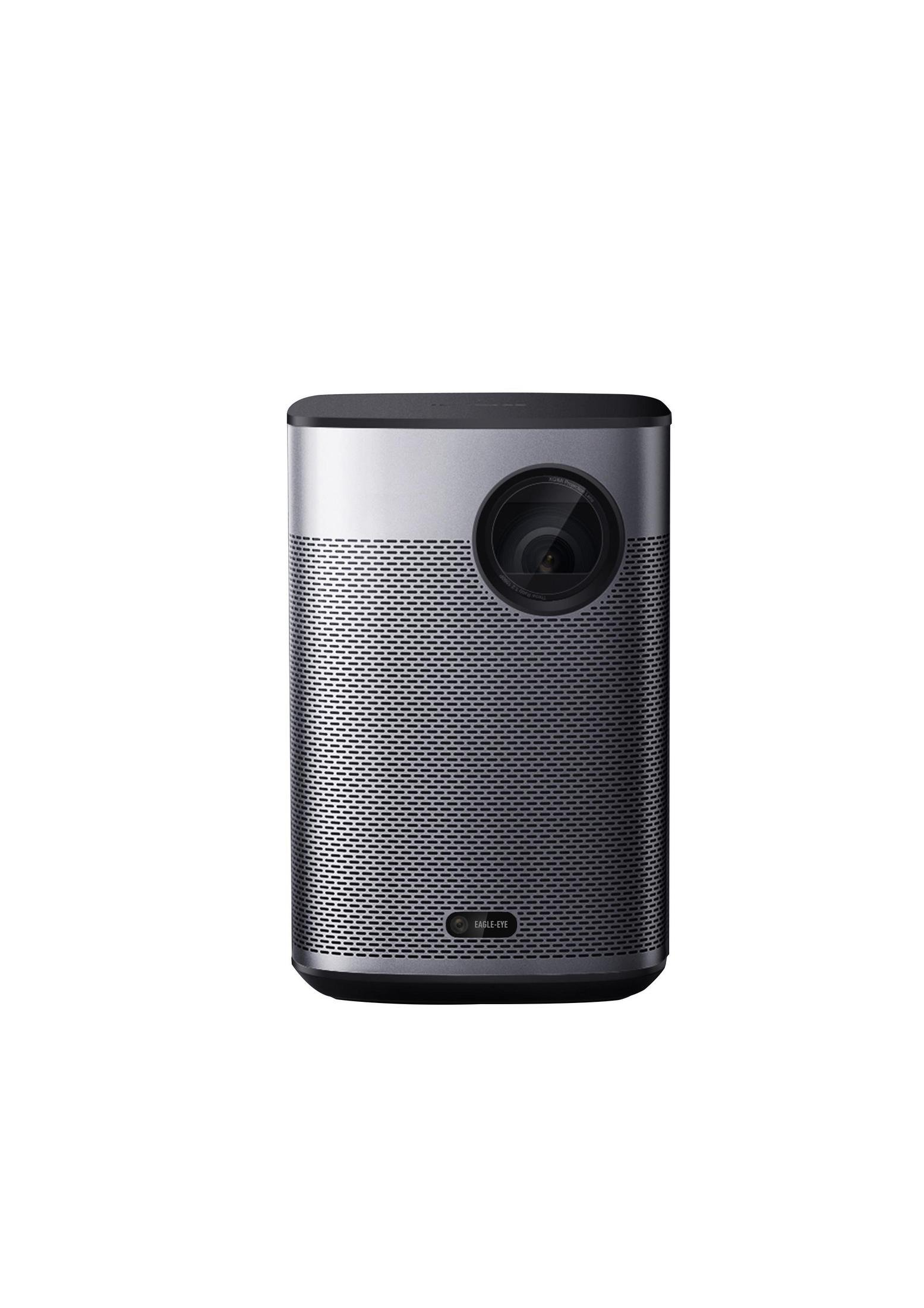 Ein silberner und schwarzer Projektor, zylindrische Form, isoliert auf Weiß.