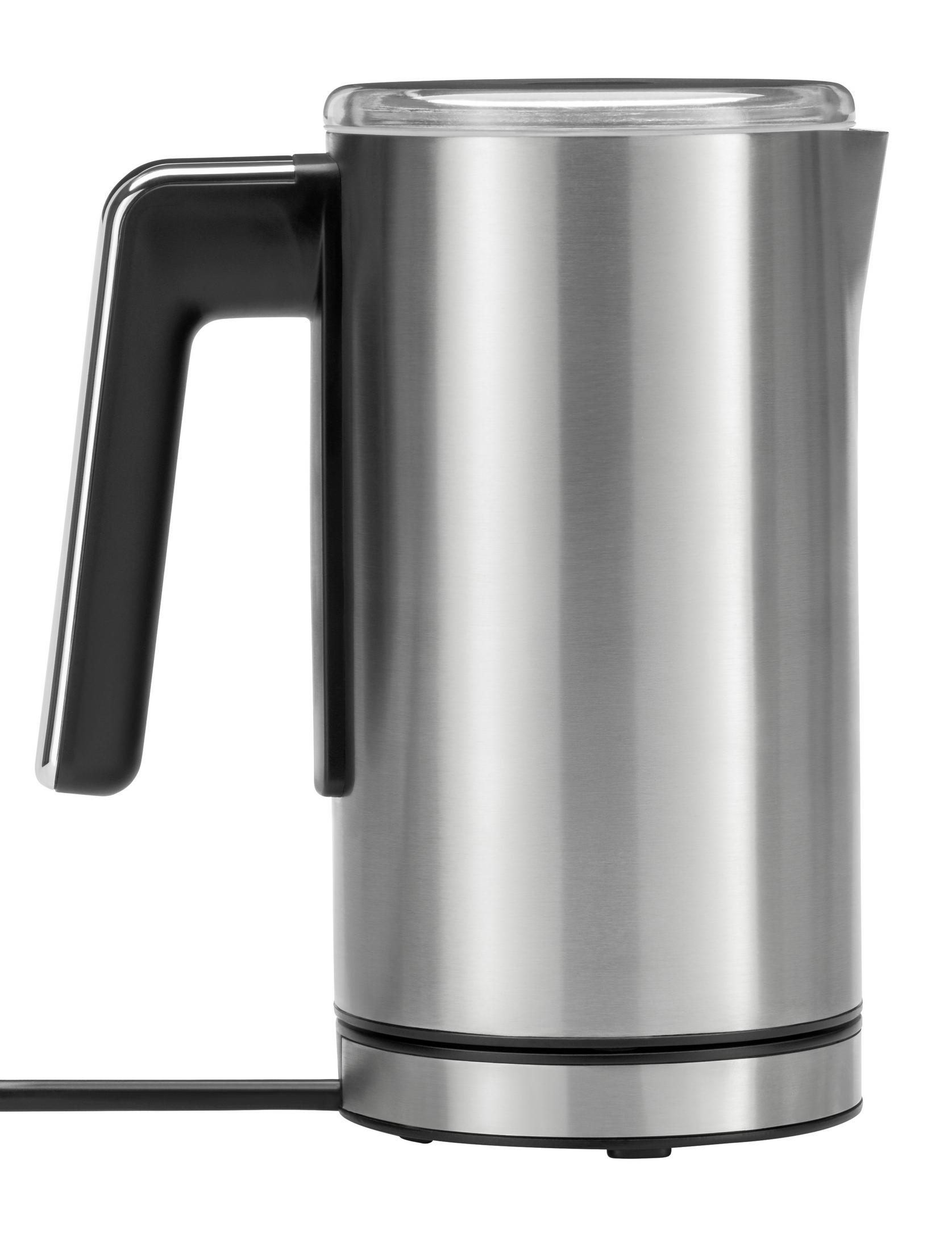 Czajnik elektryczny ze stali nierdzewnej, czarny uchwyt, przezroczysta pokrywa.