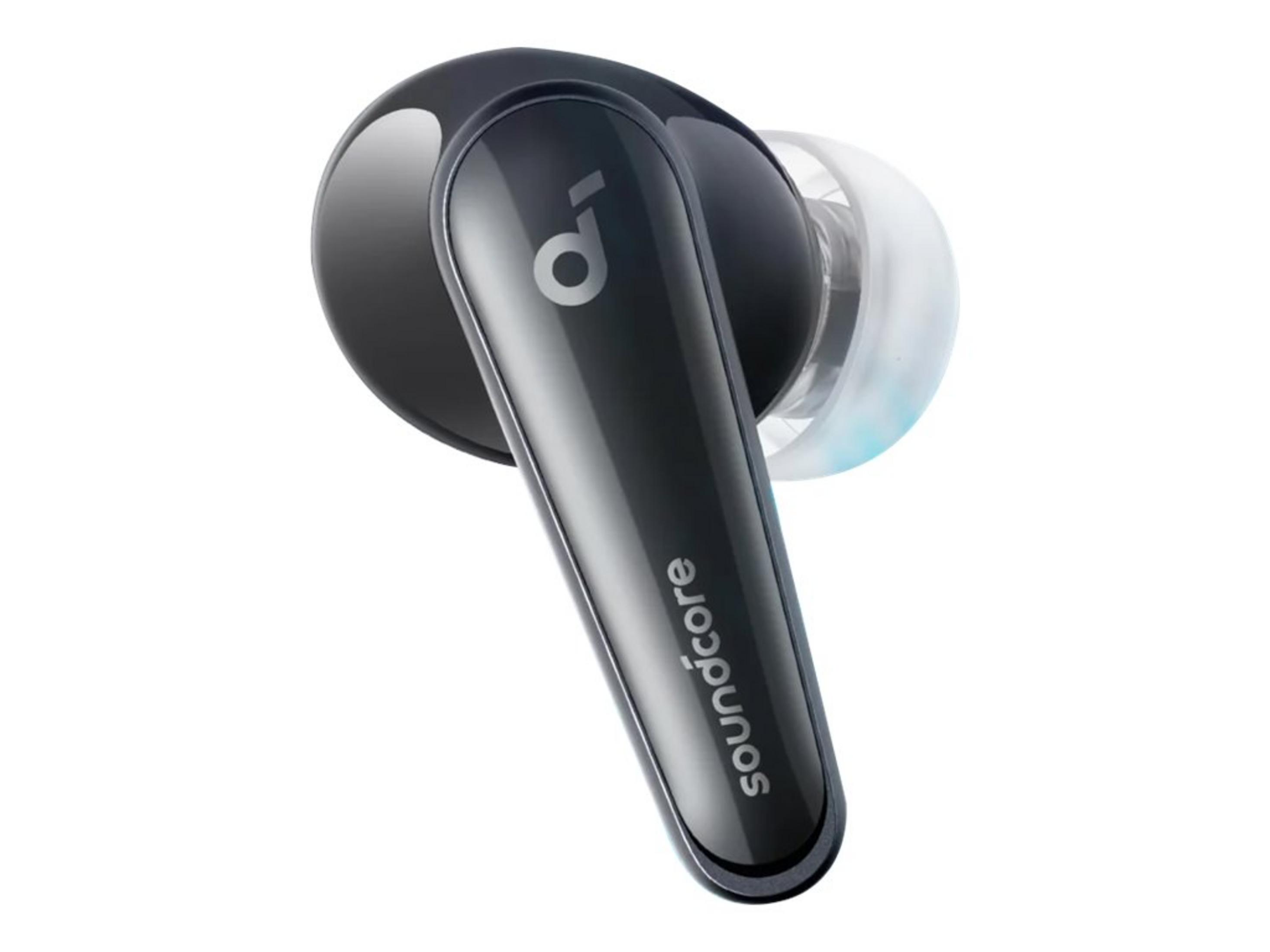 Schwarze kabellose Ohrhörer mit dem soundcore-Logo, isoliert auf weißem Hintergrund.