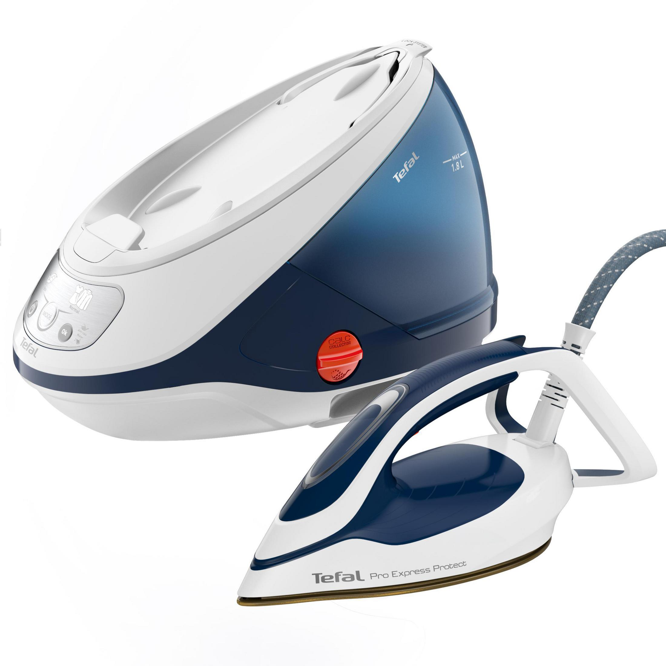 Ein weißes und blaues Tefal Pro Express Protect Bügeleisen mit seiner Basiseinheit, vor weißem Hintergrund.