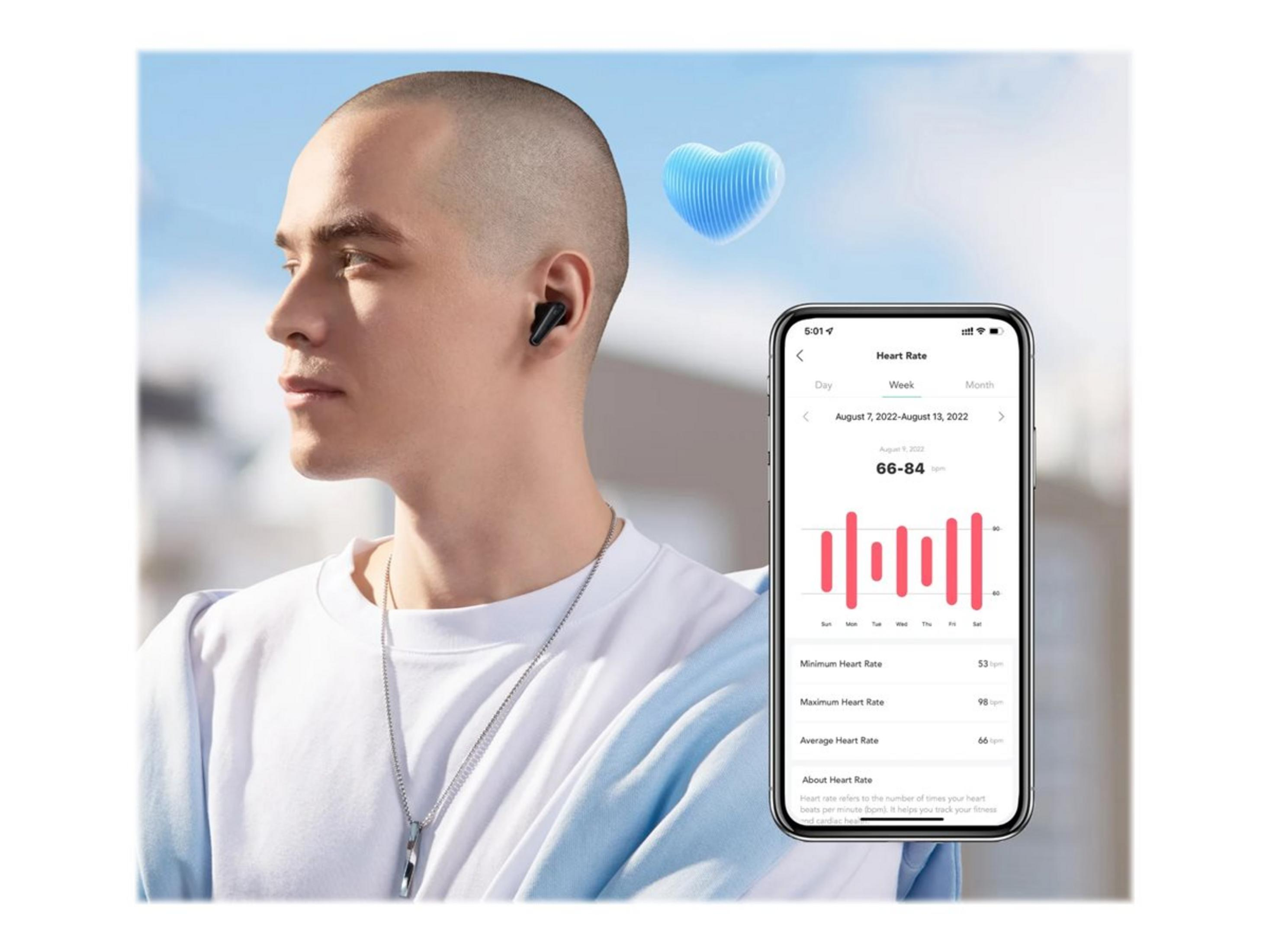 Mann mit Ohrhörern, der seine Herzfrequenz auf einem Telefon mit Herzfrequenzdiagramm überprüft, neben einem blauen Herzsymbol.