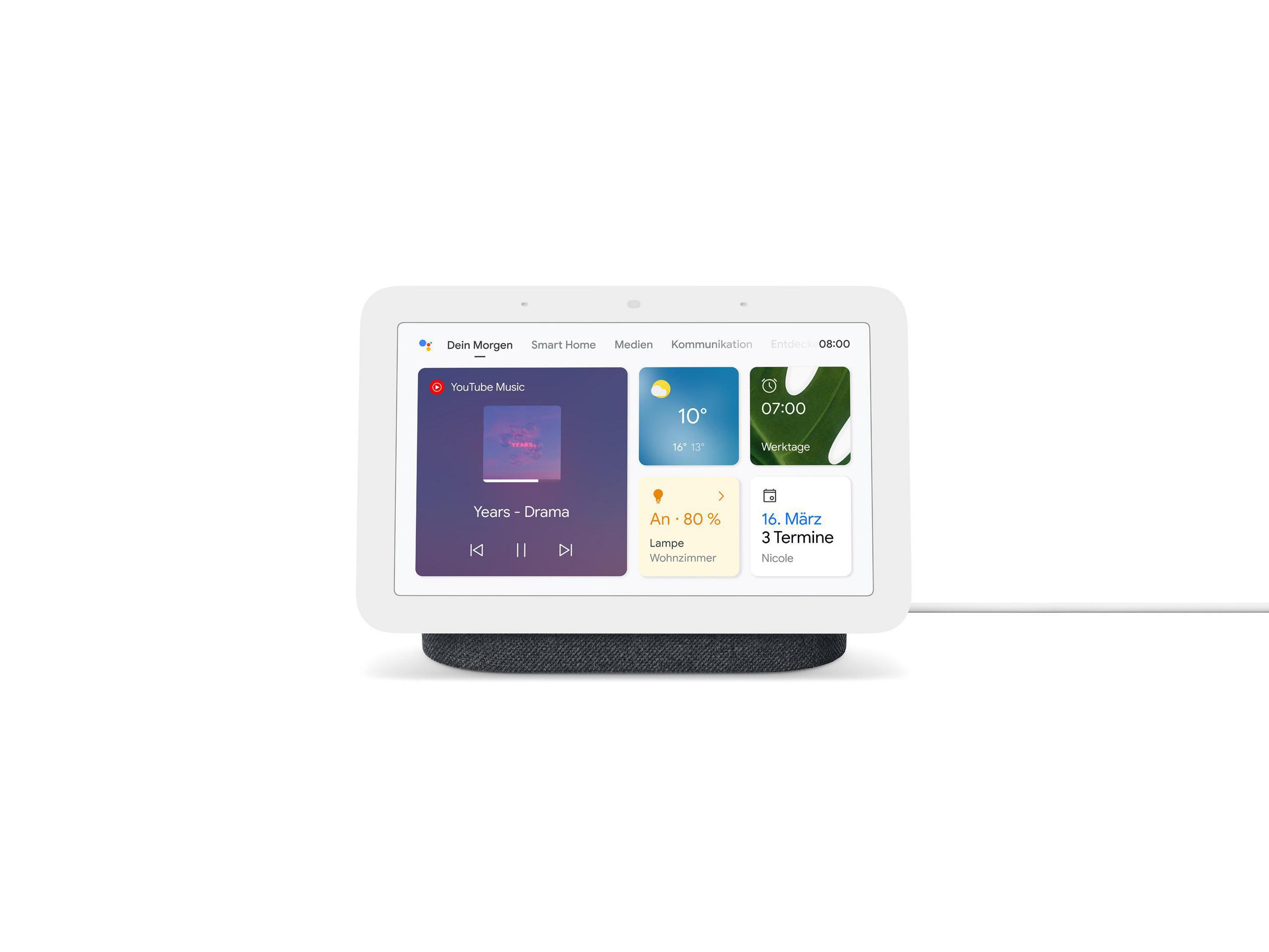 Smart display che mostra un'interfaccia utente con schede: musica, meteo, calendario.