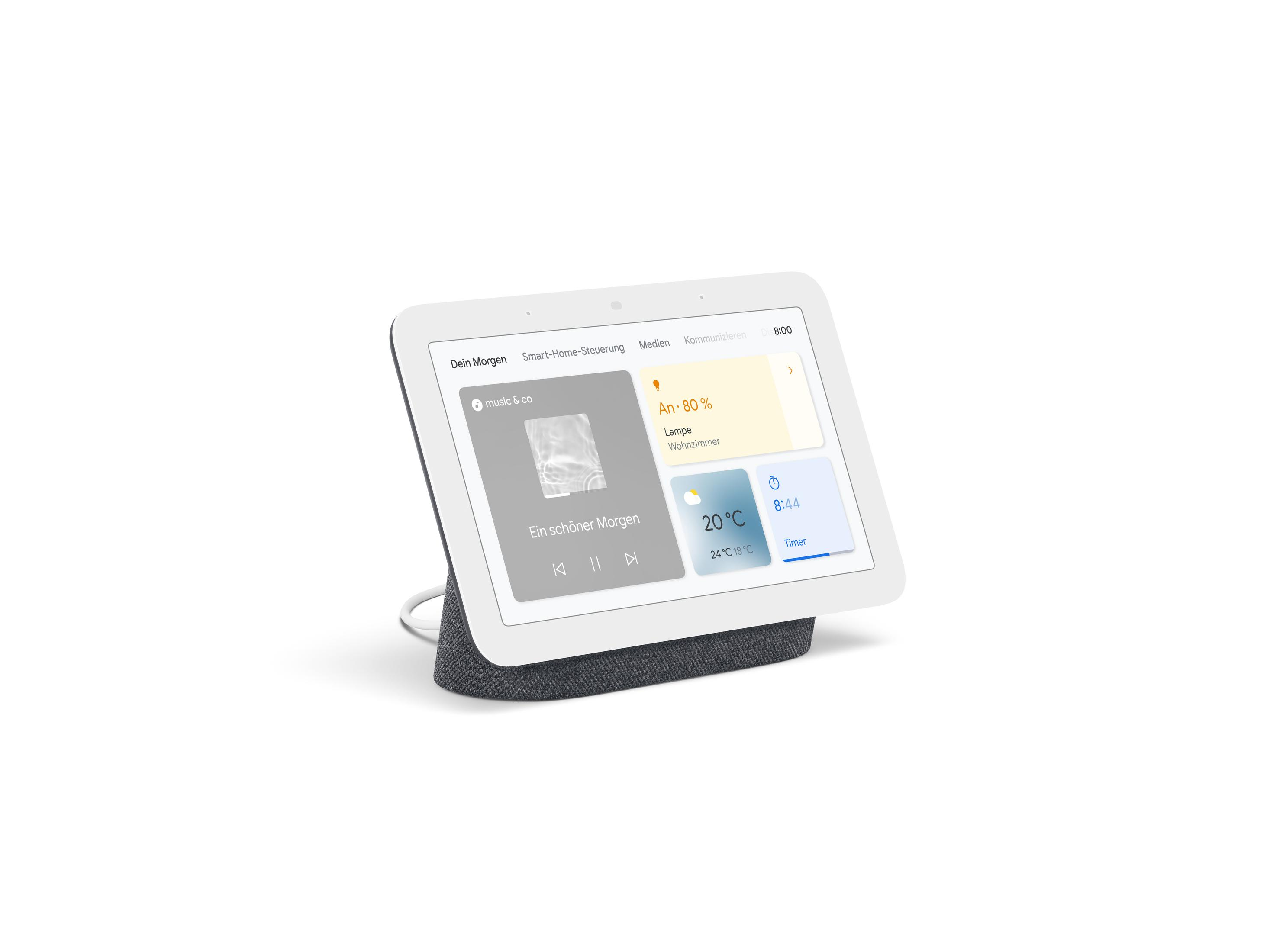 Google Nest Hub, schermo bianco con opzioni di musica e controllo domestico. Base grigia, sfondo bianco.