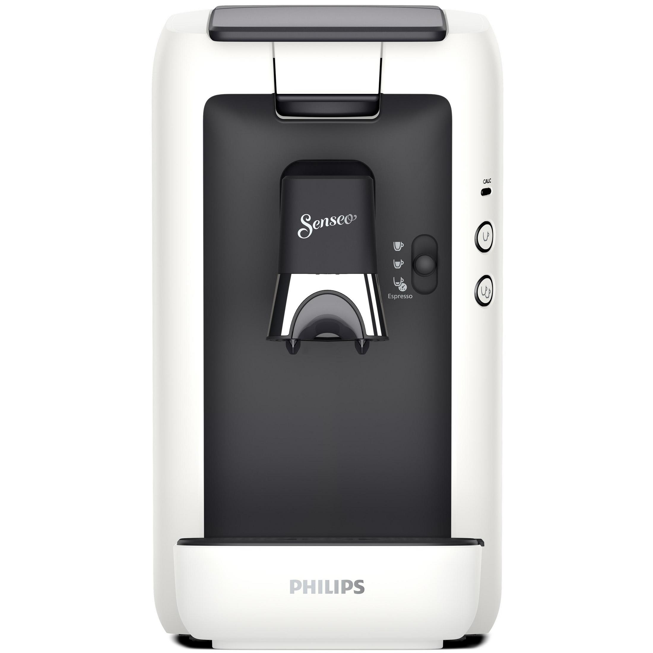 Biały ekspres do kawy Senseo z czarnym przodem, włożony kubek, z logo Philips na dole.