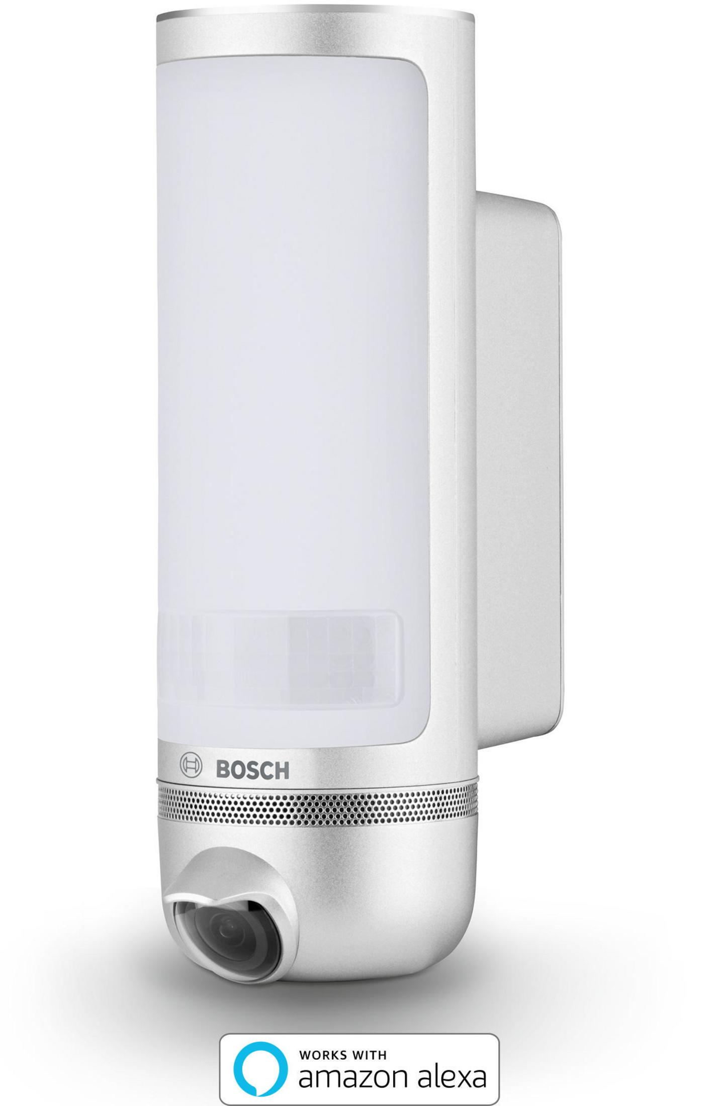 Cámara de seguridad plateada con luz y sensor de movimiento. Marca Bosch.
