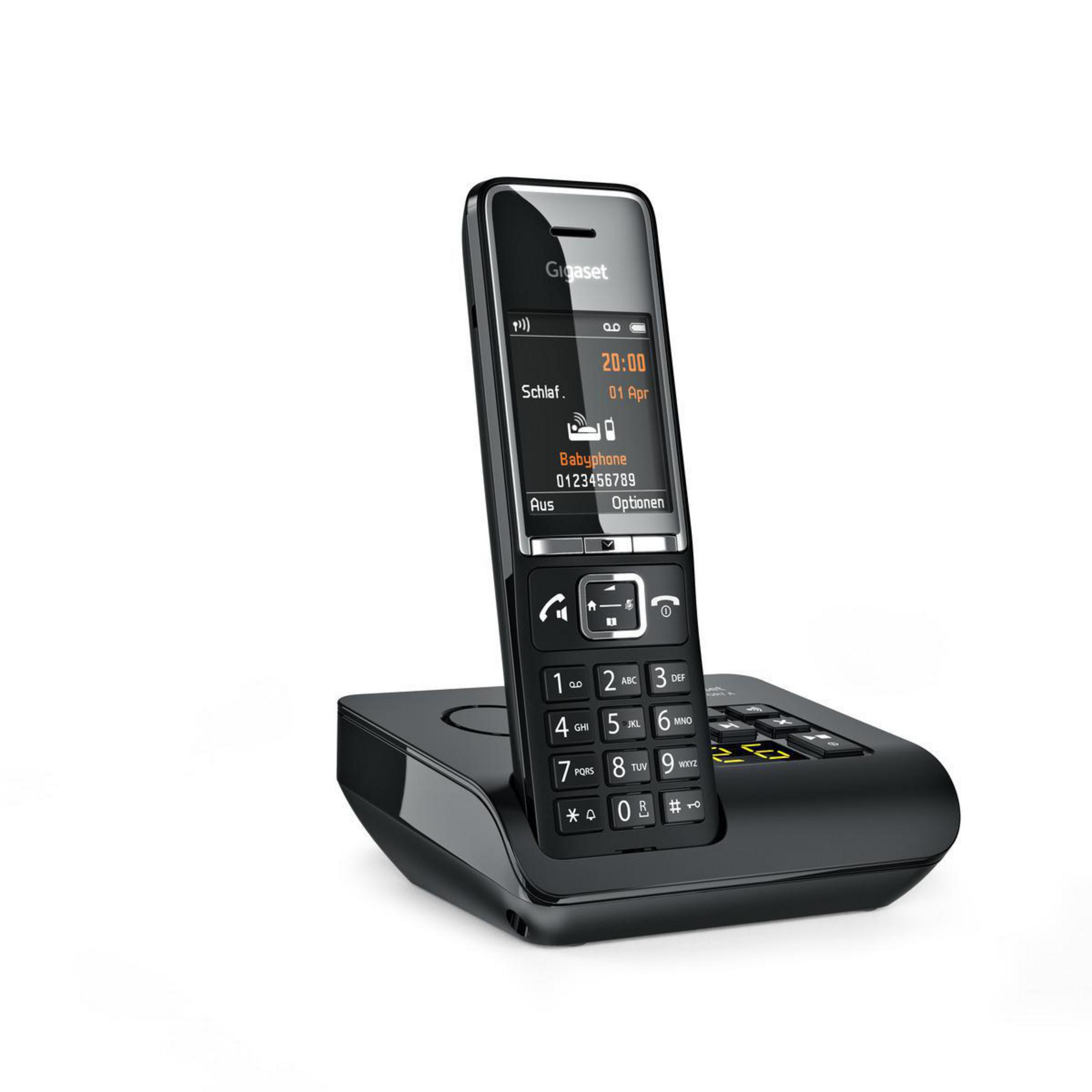 Telefono cordless Gigaset nero sul suo caricatore. Mostra l'ora e un numero di telefono.