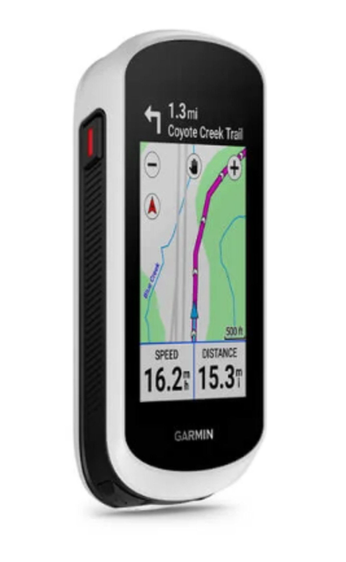 Urządzenie GPS Garmin pokazujące mapę i dane, w białej i czarnej obudowie.