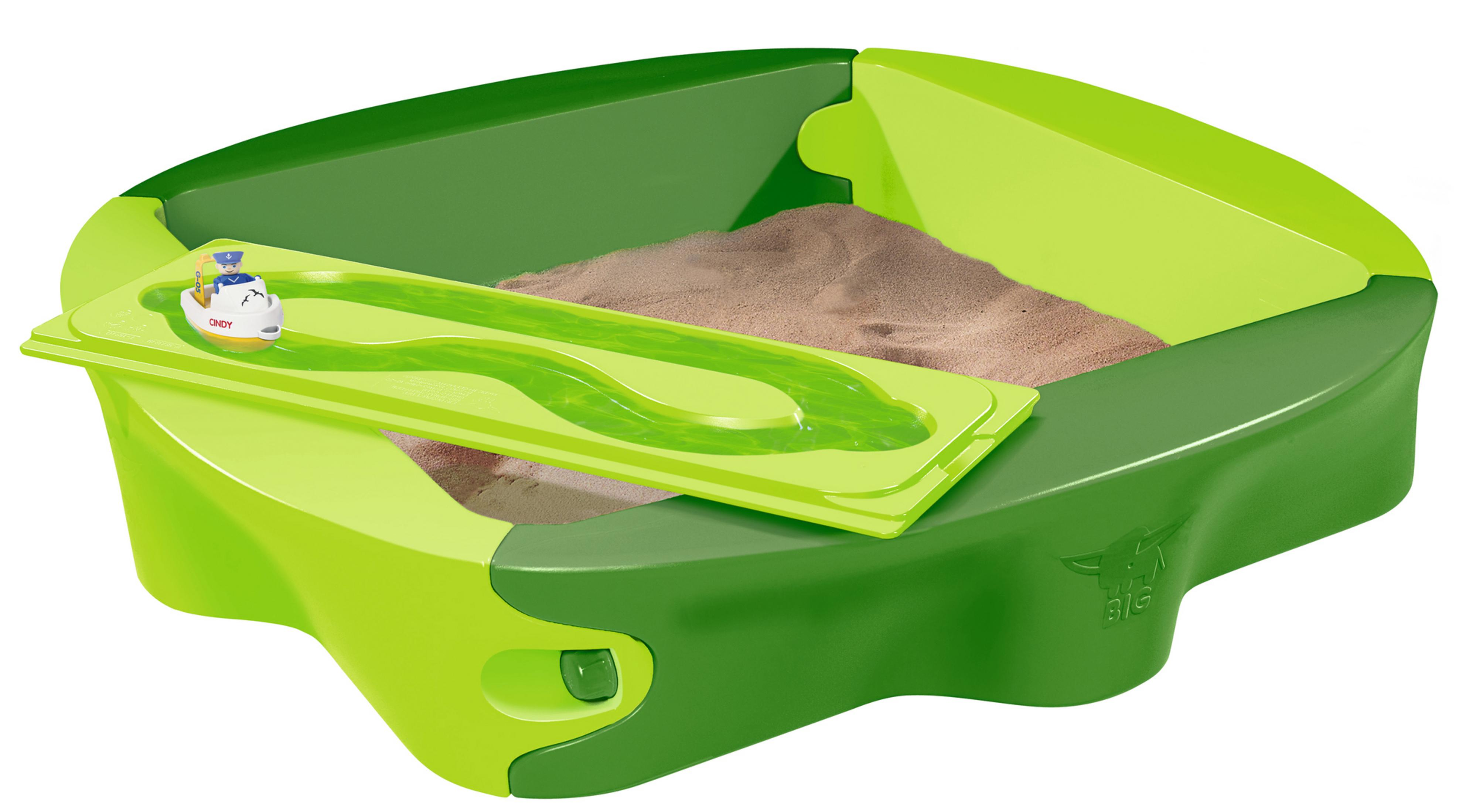 Ein grüner und hellgrüner Sandkasten mit einer Sandwanne und einem Spielzeugwasserkanal. Der Sand ist braun.