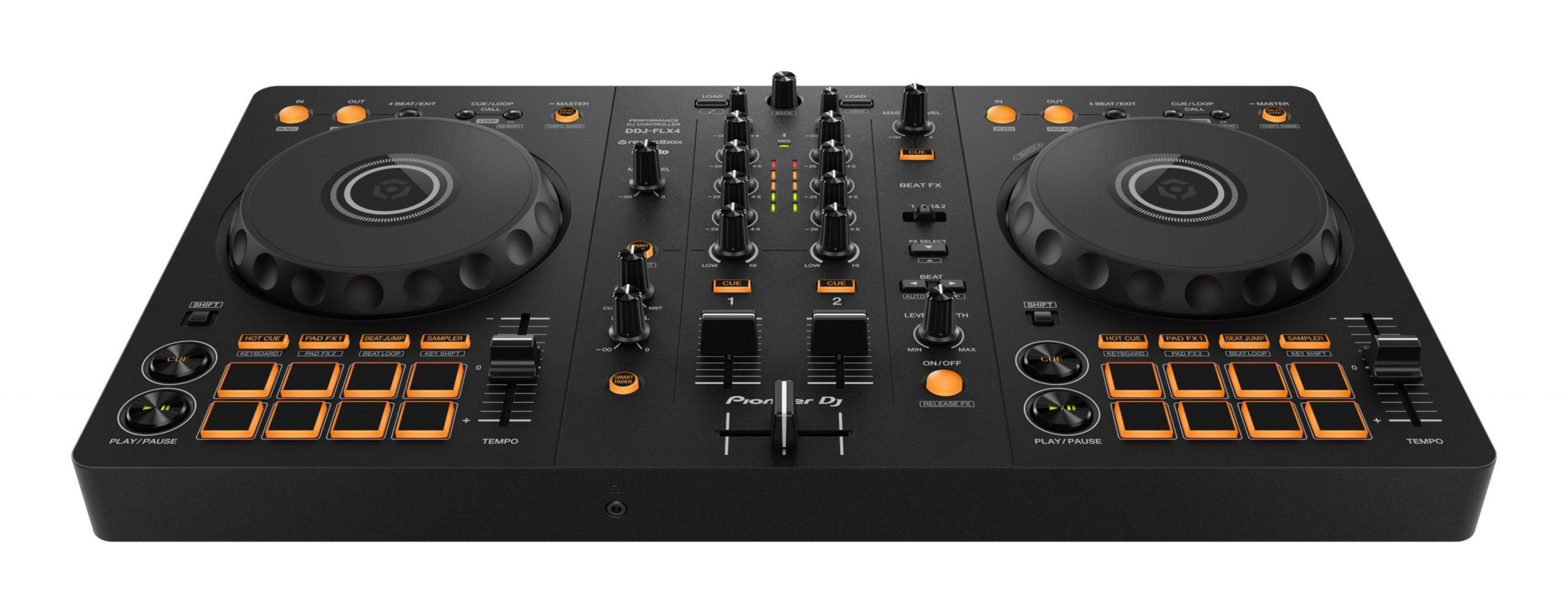 Schwarzer DJ-Controller mit orangefarbenen Akzenten. Er hat zwei Jogwheels und verschiedene Knöpfe.