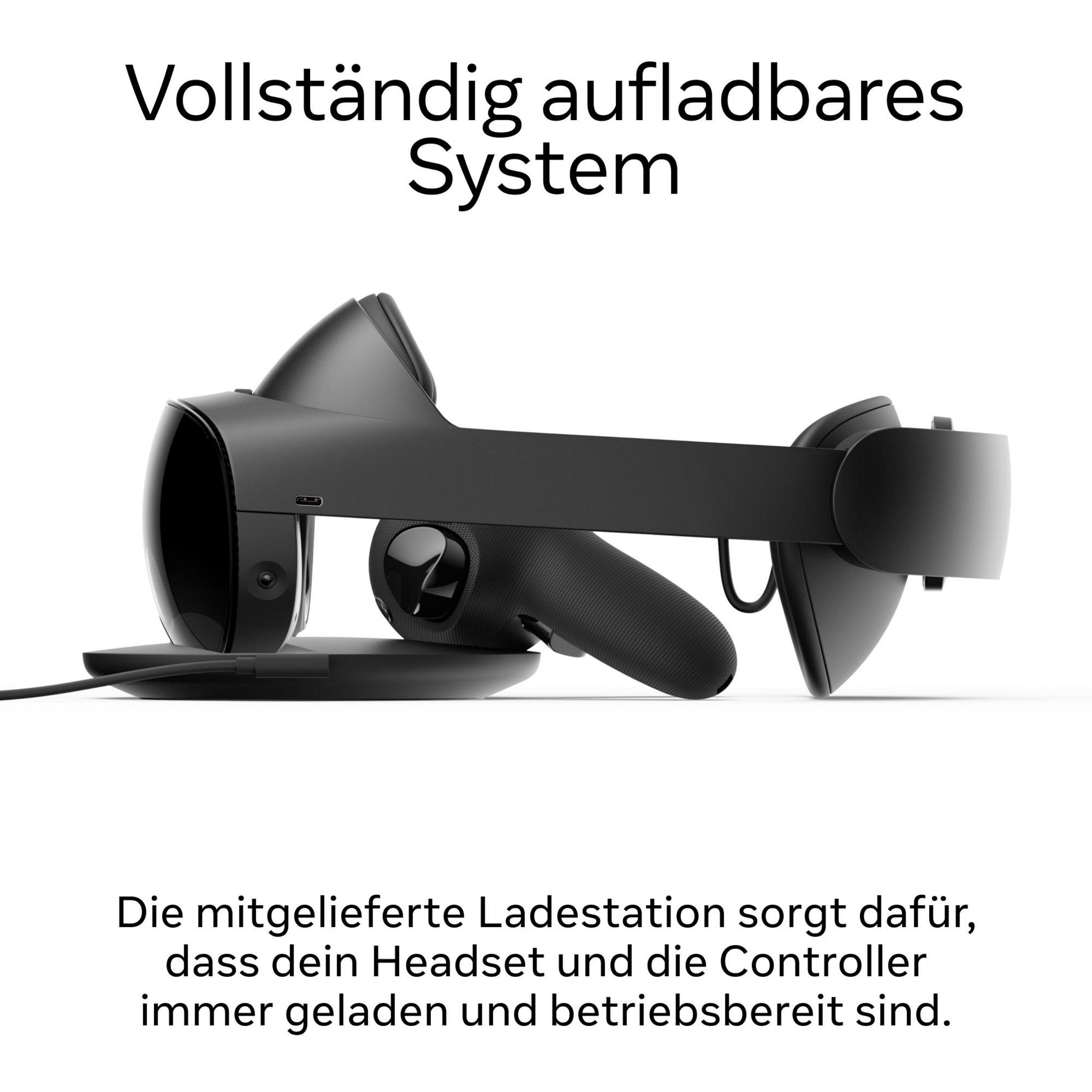 Cuffie VR su una stazione di ricarica. Cuffie nere con un controller.
