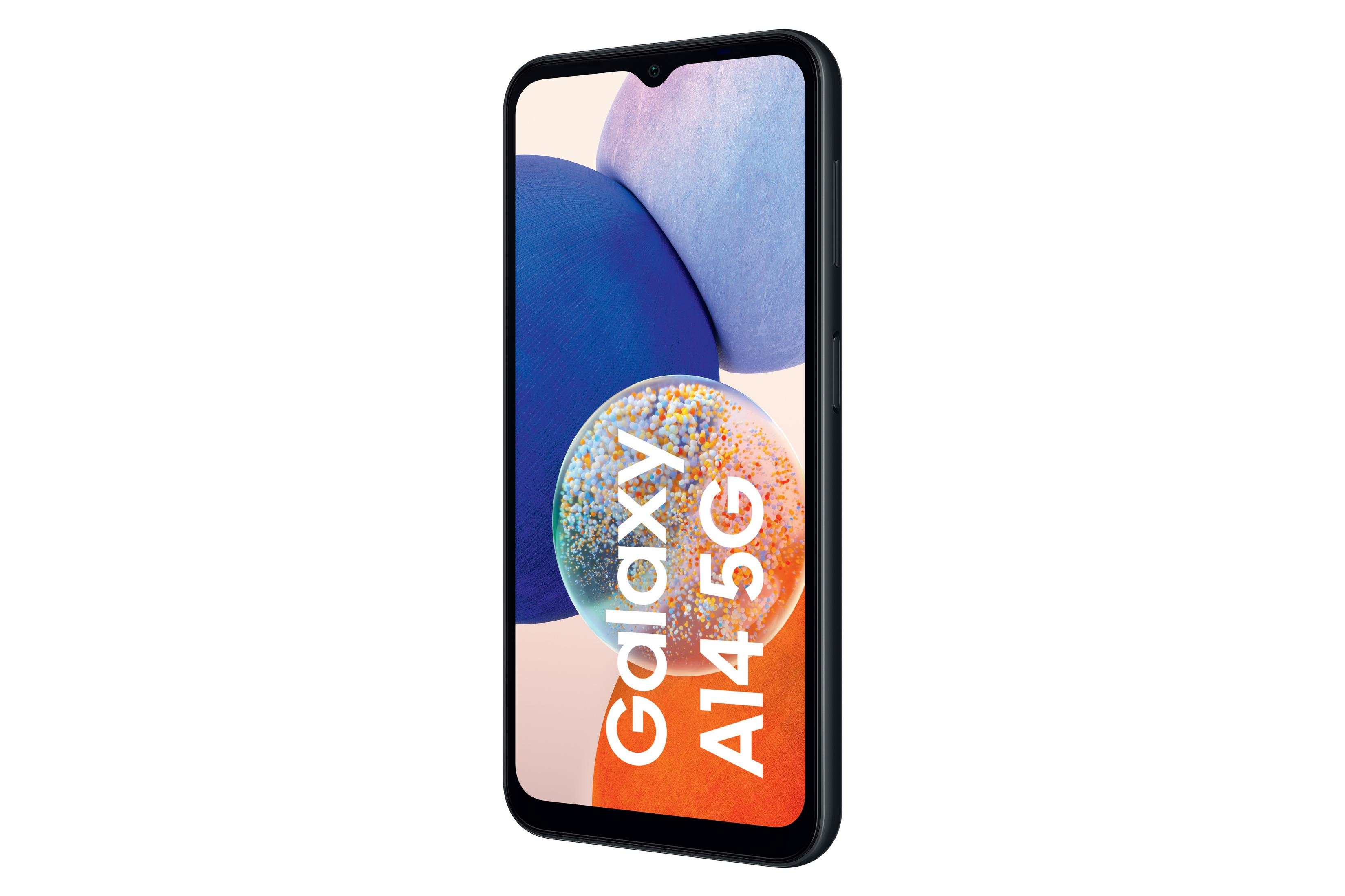 Schwarzes Samsung Galaxy A14 5G-Handy, das einen blau-violetten Bildschirm zeigt, auf weißer Oberfläche.