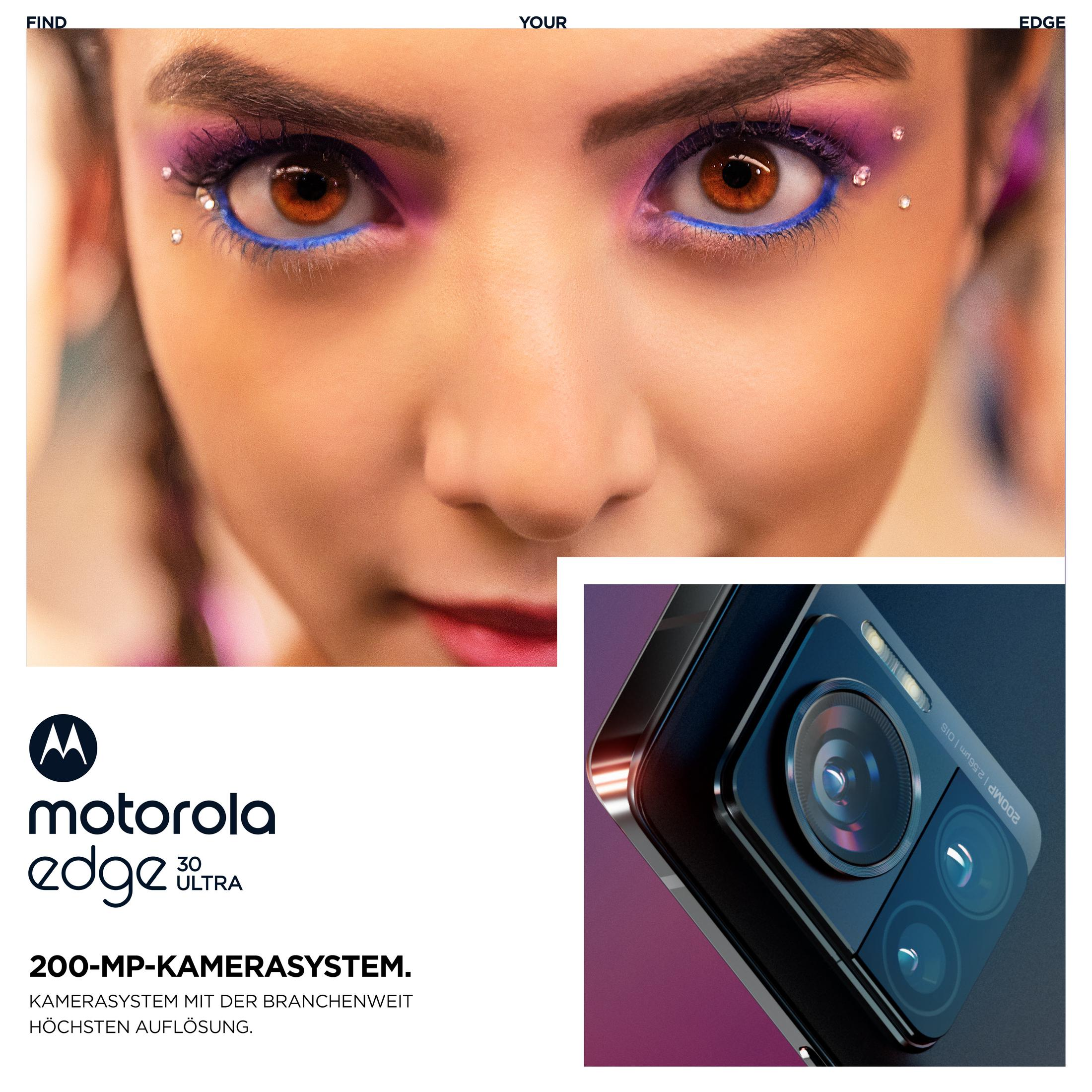 Nahaufnahme des Gesichts einer Frau und der Telefonkamera mit Marketingtext, motorola edge 30 ultra.