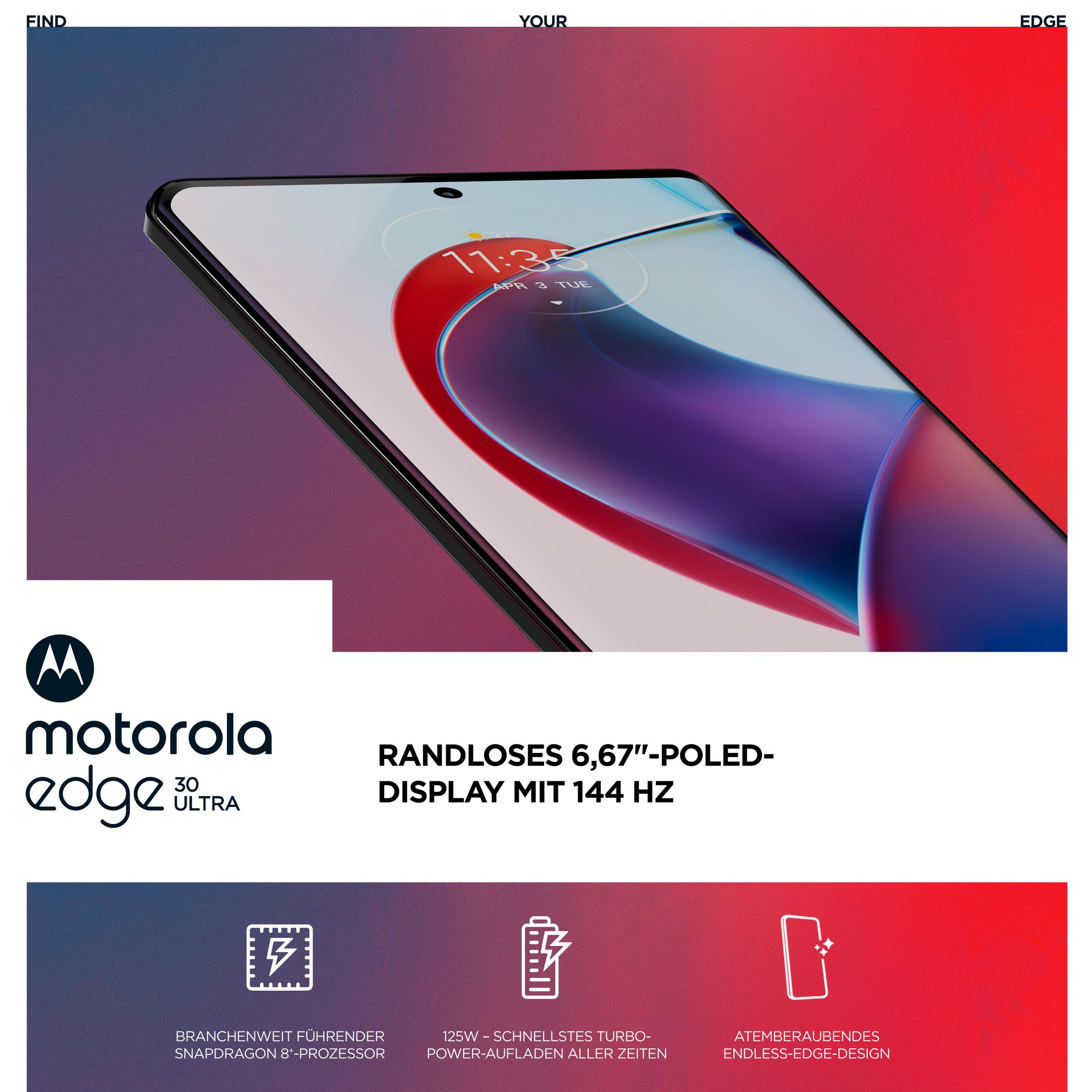 Motorola Edge 30 Ultra Telefon, schräge Ansicht, Bildschirm an, mit Text 'RANDLOSES...DISPLAY'
