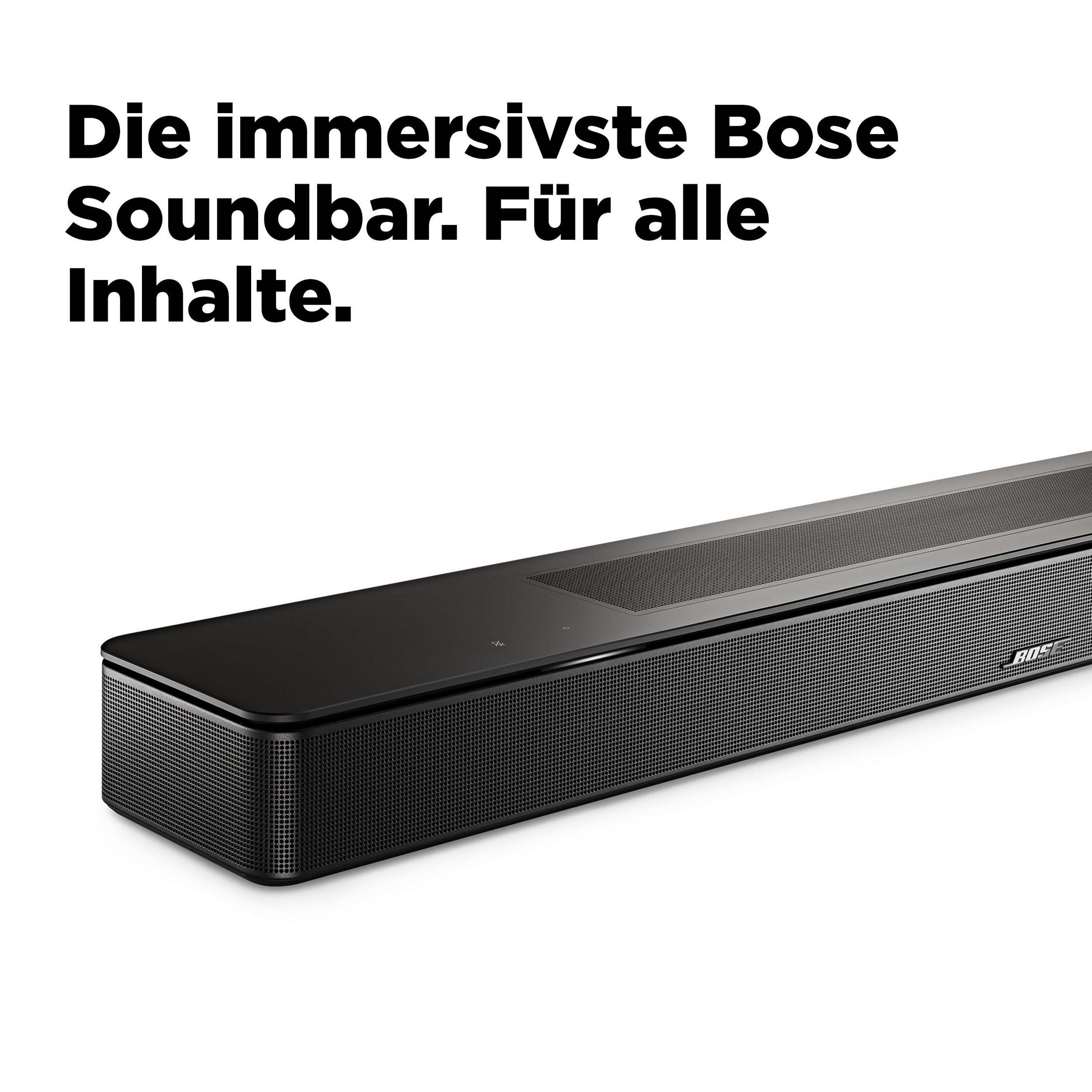 Schwarze Bose Soundbar in weißer Umgebung mit weißem Hintergrund.