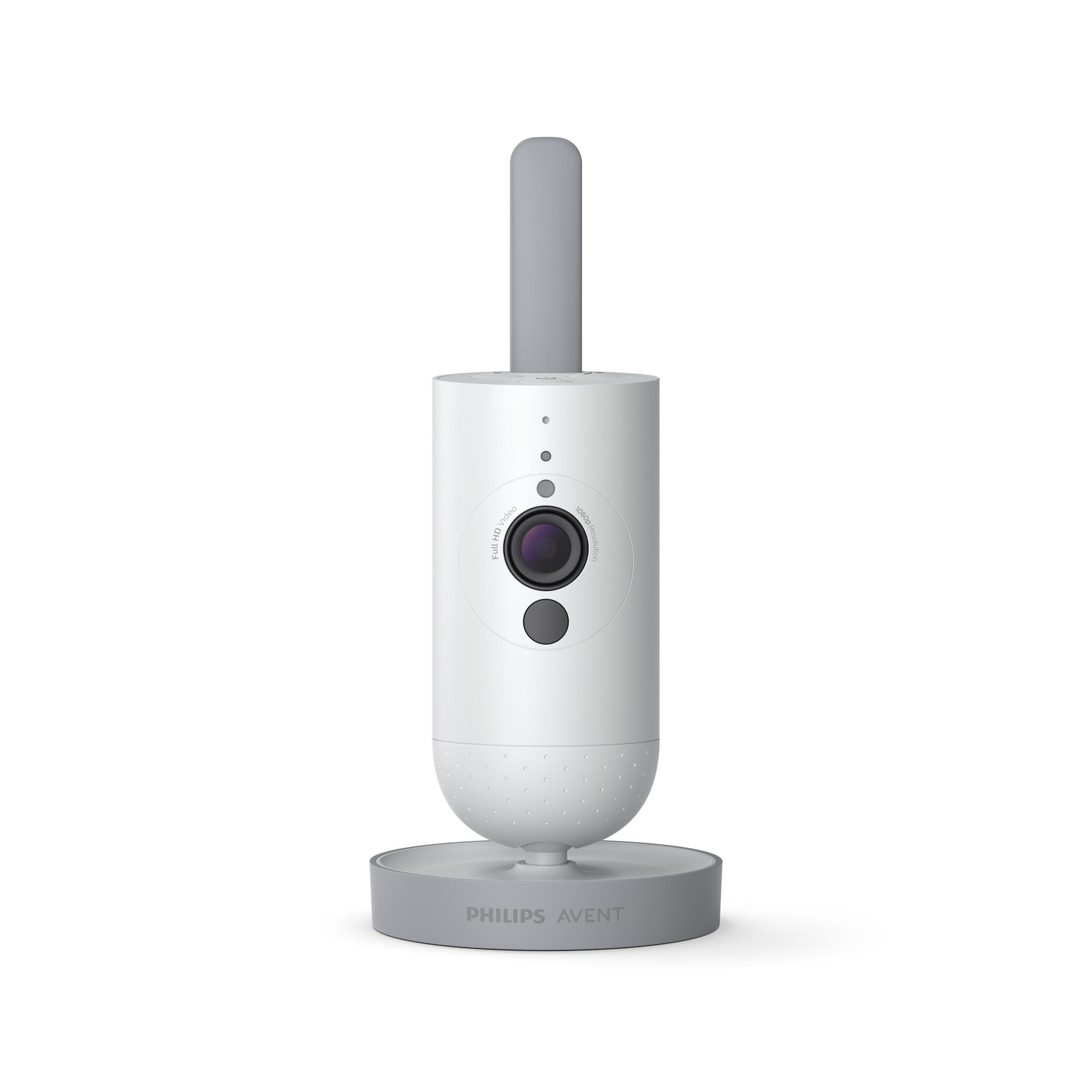 Baby monitor bianco. Ha una telecamera e un supporto. Scritto 'Philips Avent'.