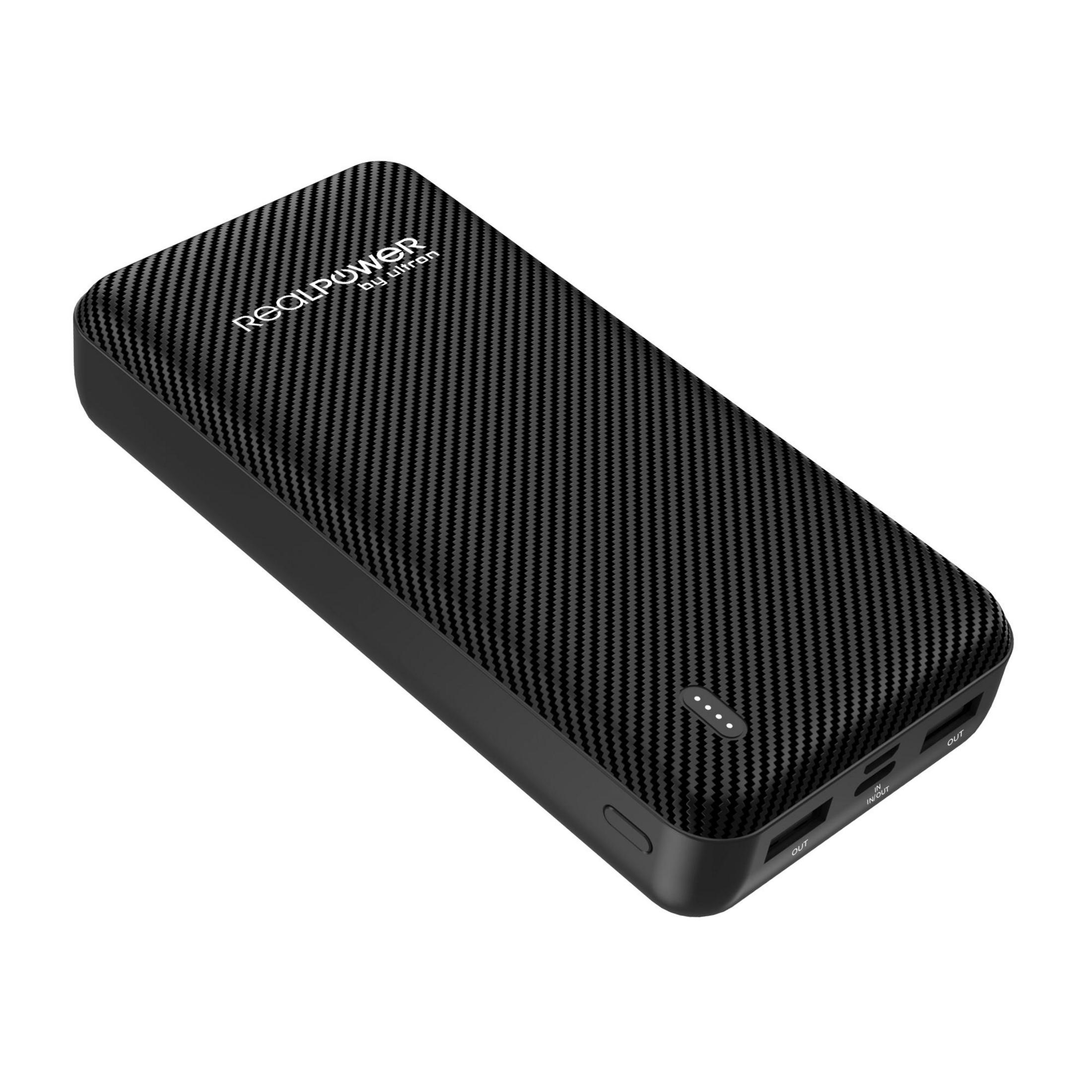 Power bank nero con texture in fibra di carbonio e cornice nera. Sopra tre luci LED.