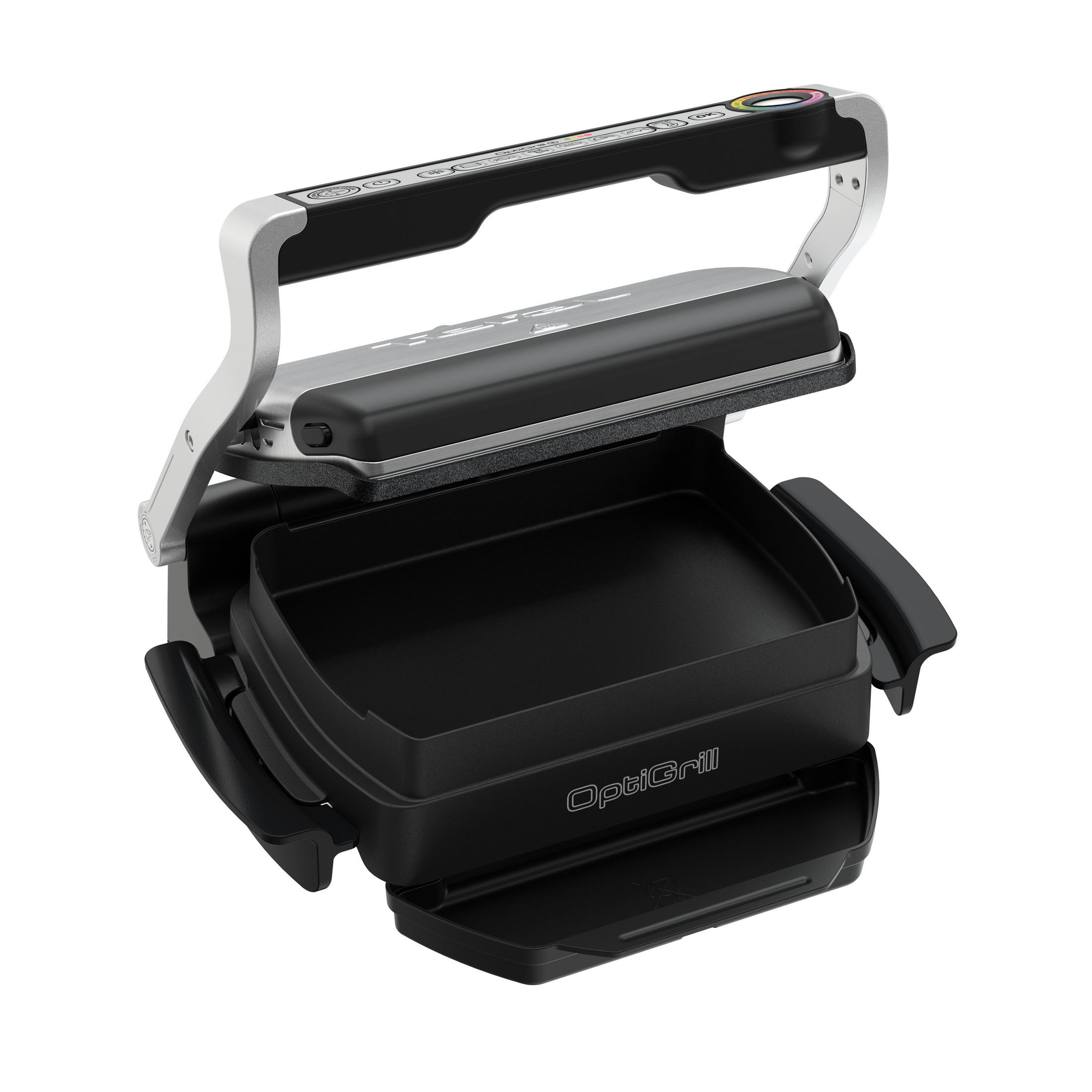 Ein offener OptiGrill, zeigt die Grillplatten und den Griff. Der Grill ist schwarz und silber.