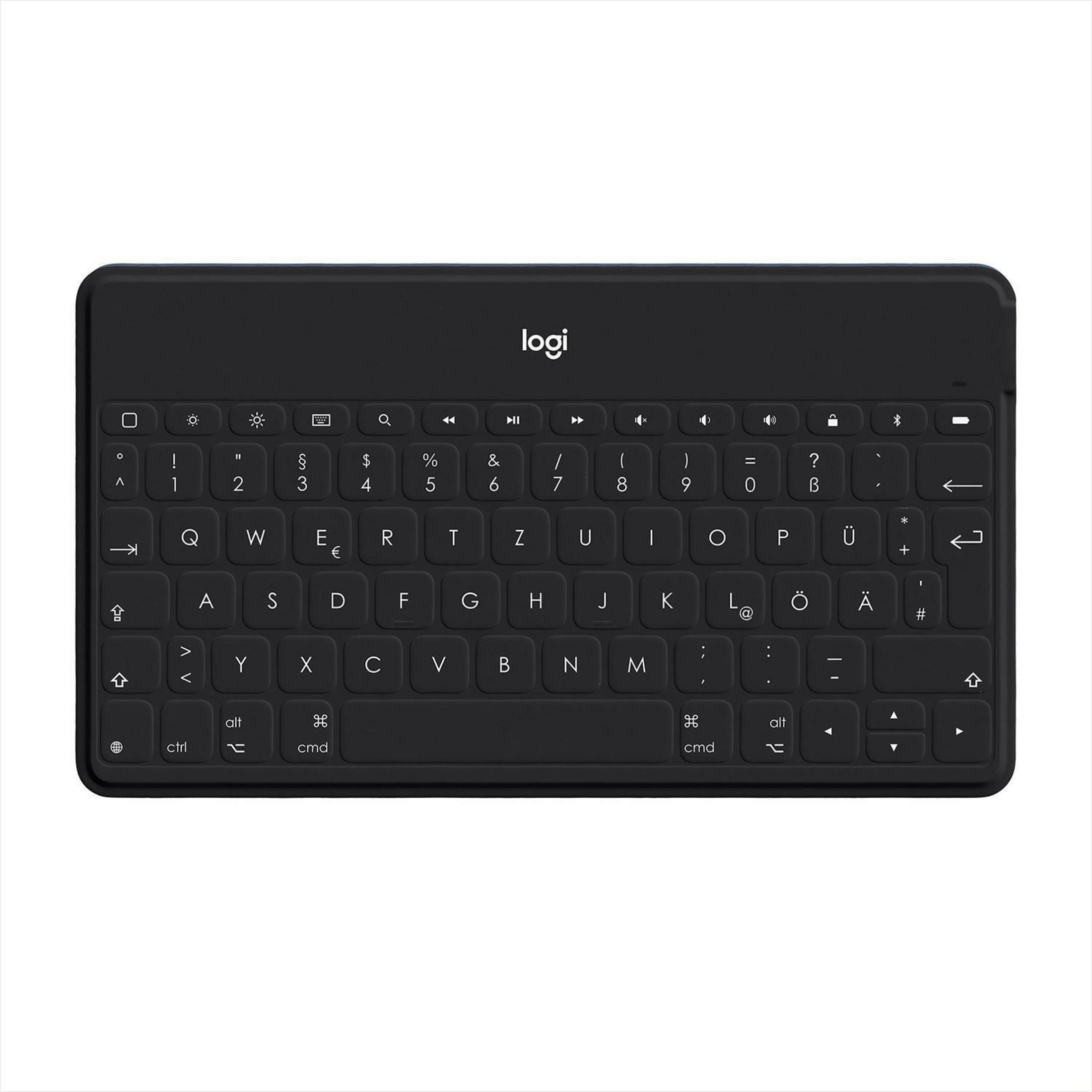 Eine schwarze Logi-Tastatur wird auf einem weißen Hintergrund angezeigt.