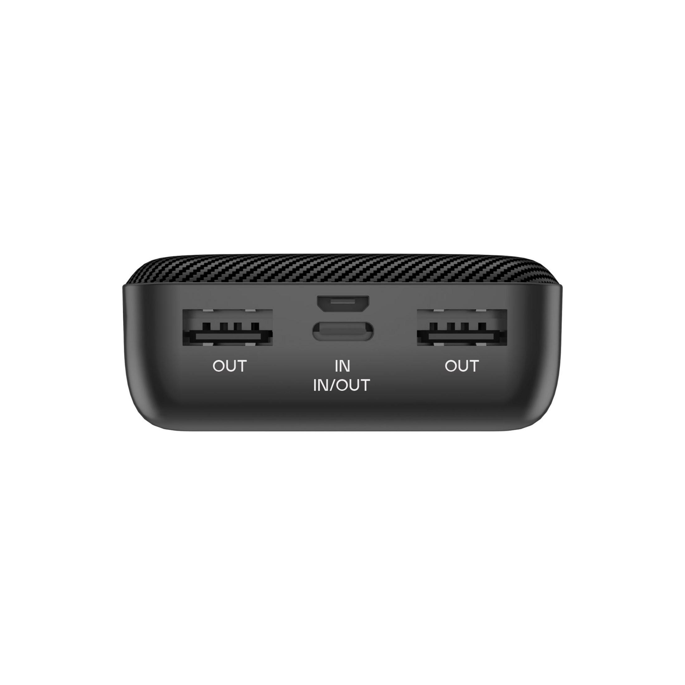 Power bank nero con porte USB. Mostra porte IN/OUT. Sfondo bianco.
