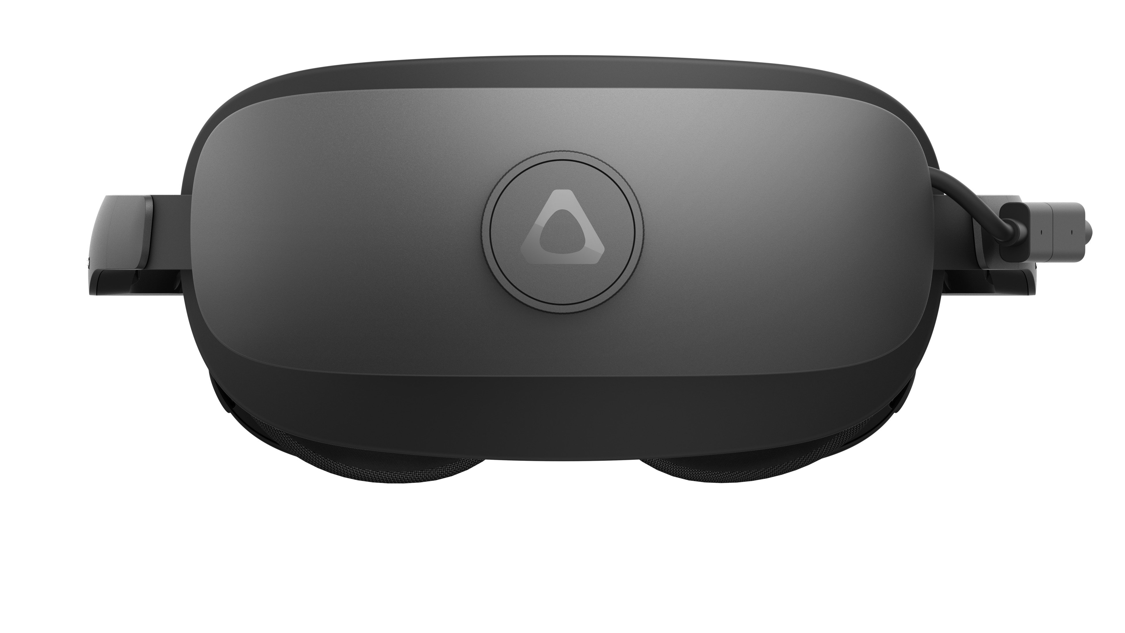 Zestaw VR, widok z góry, czarny kolor, z logo Vive pośrodku, na białym tle.