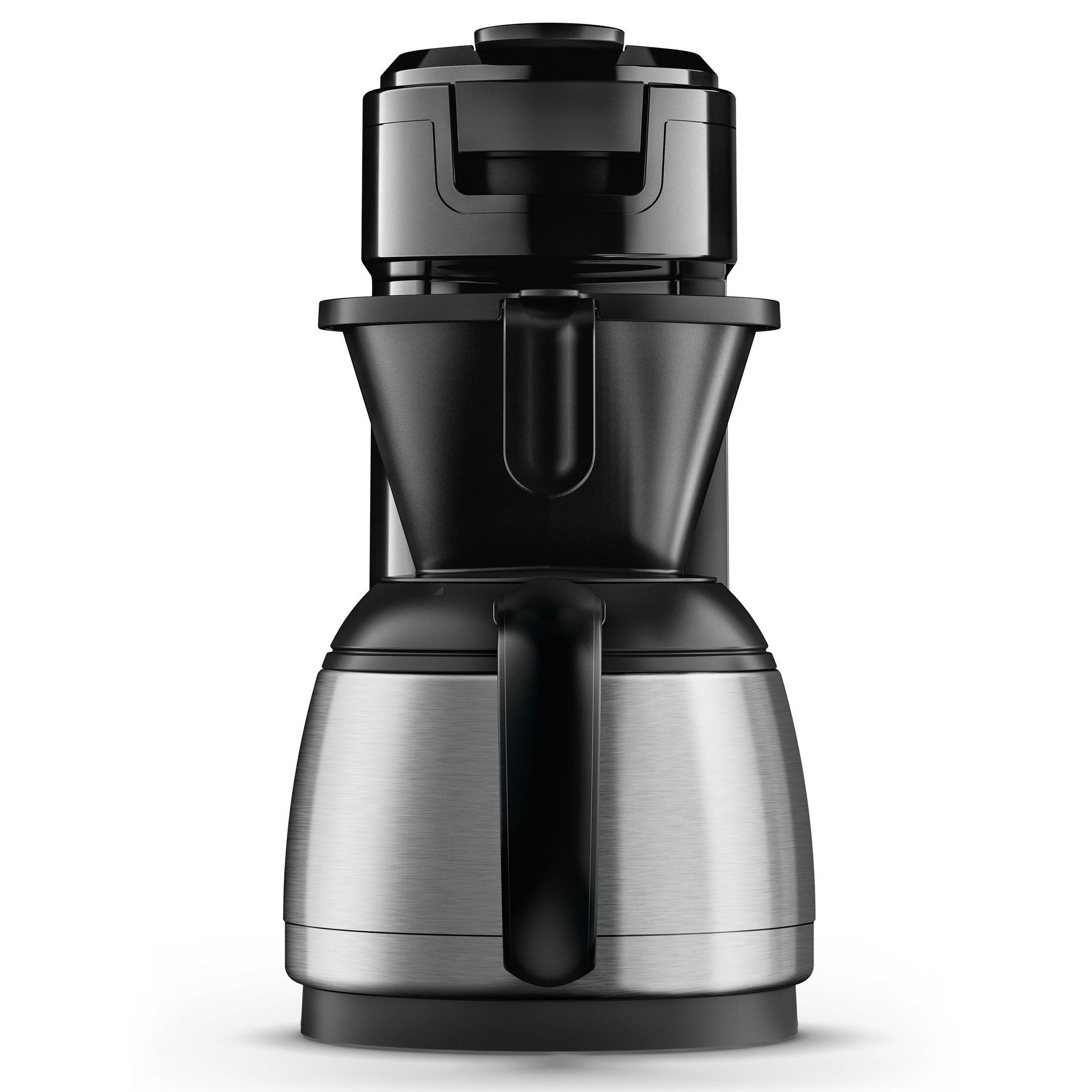 Czarny i srebrny sprzęt kuchenny. Ma podstawę ze stali nierdzewnej, czarny uchwyt i czarną górną część.