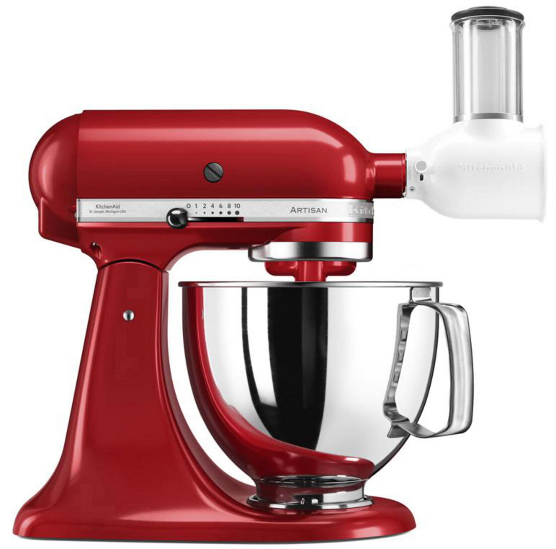 Roter KitchenAid-Mixer mit Zerkleinerer-Aufsätzen.