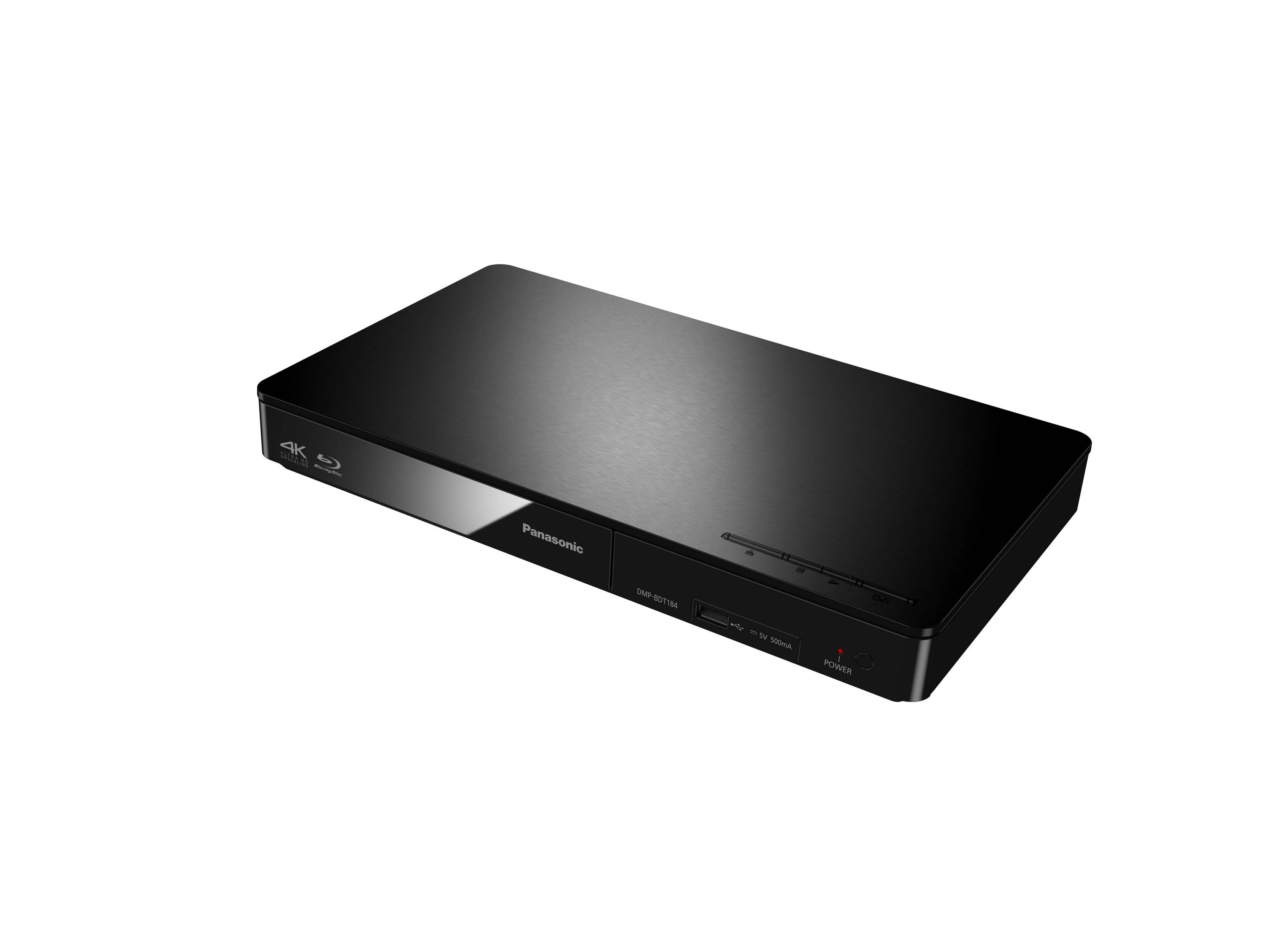 Reproductor Blu-ray Panasonic negro. Logotipos de alimentación y 4K Blu-ray visibles.