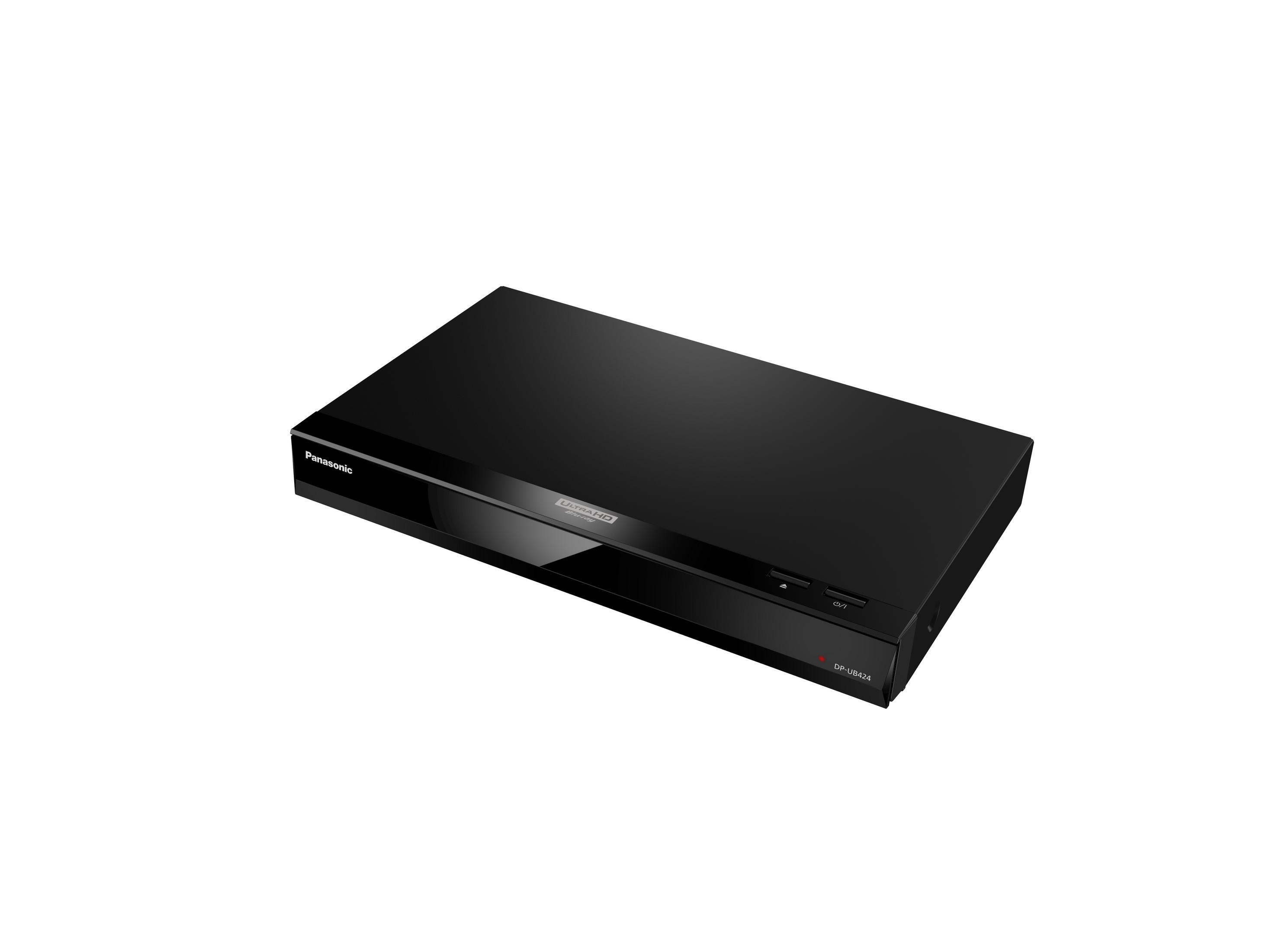 Reproductor Blu-ray negro sobre fondo blanco, ligeramente inclinado, con el logo Ultra HD.