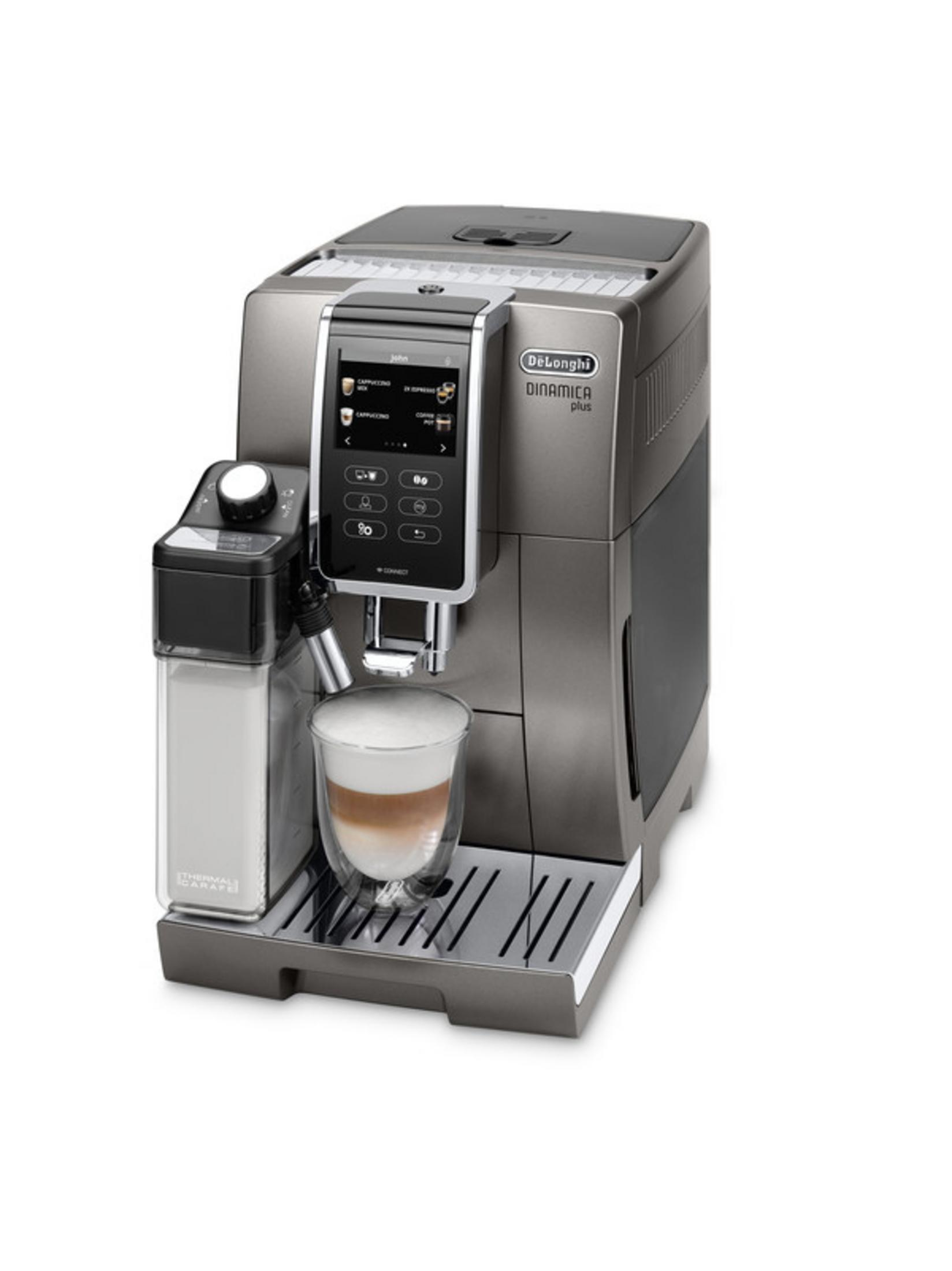 Eine De'Longhi Dinamica Plus Kaffeemaschine, grau und schwarz, mit Milchbehälter und Kaffeeglas.