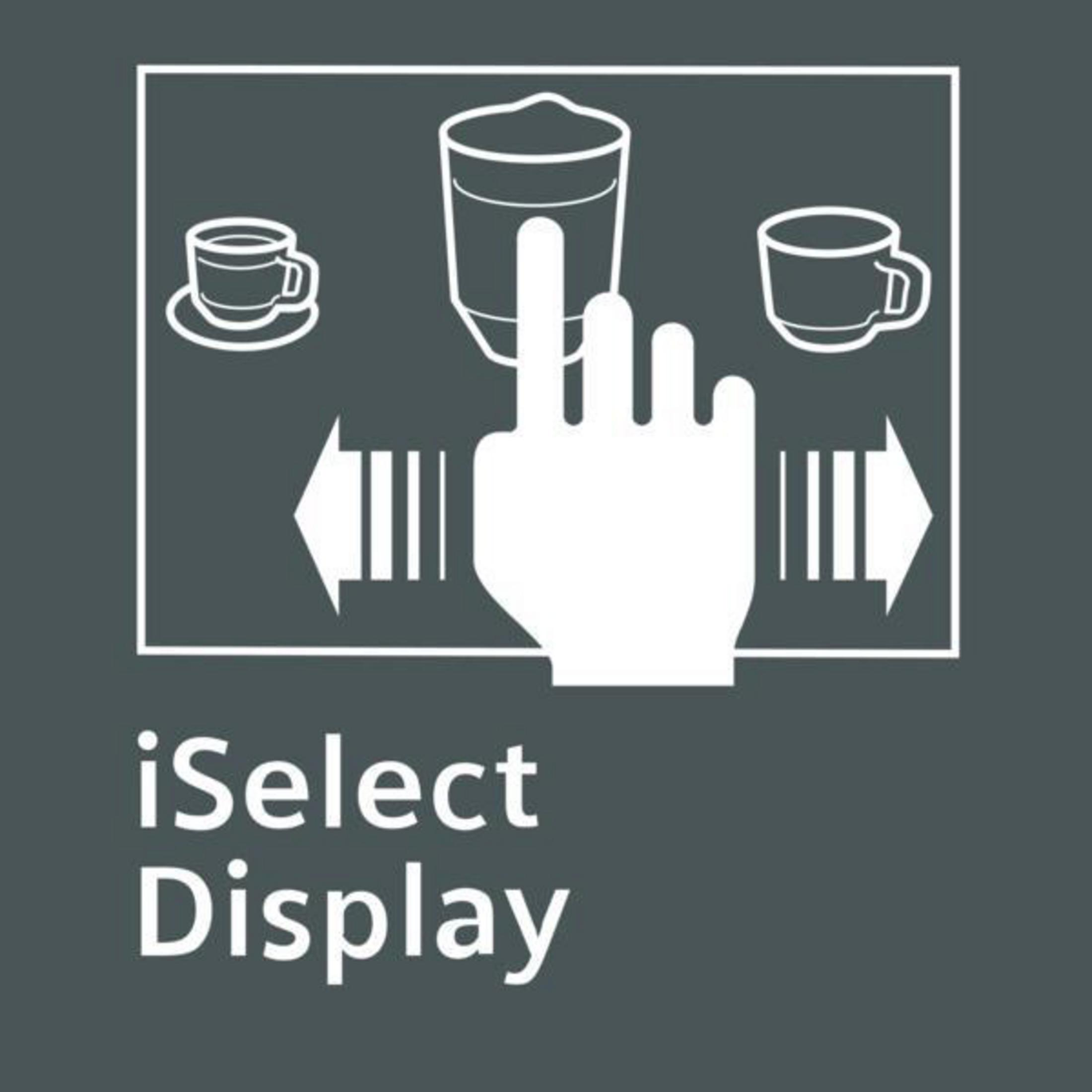 Weiße Grafik, die eine Hand zeigt, die Tassenoptionen auf einer Kaffeemaschine auswählt. iSelect Display.