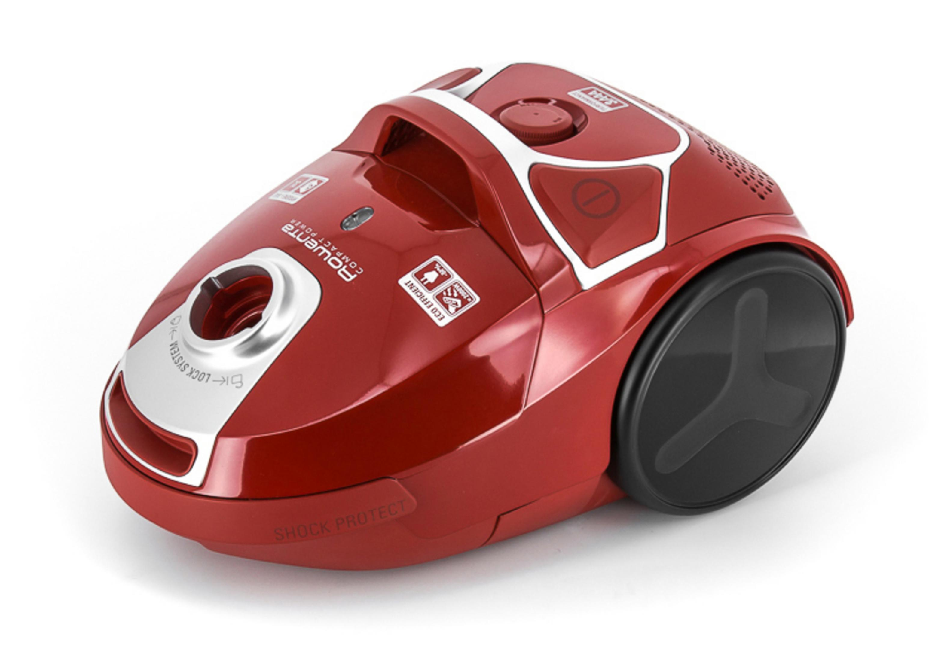 Czerwony odkurzacz. Obudowa jest czerwona z czarnymi elementami.