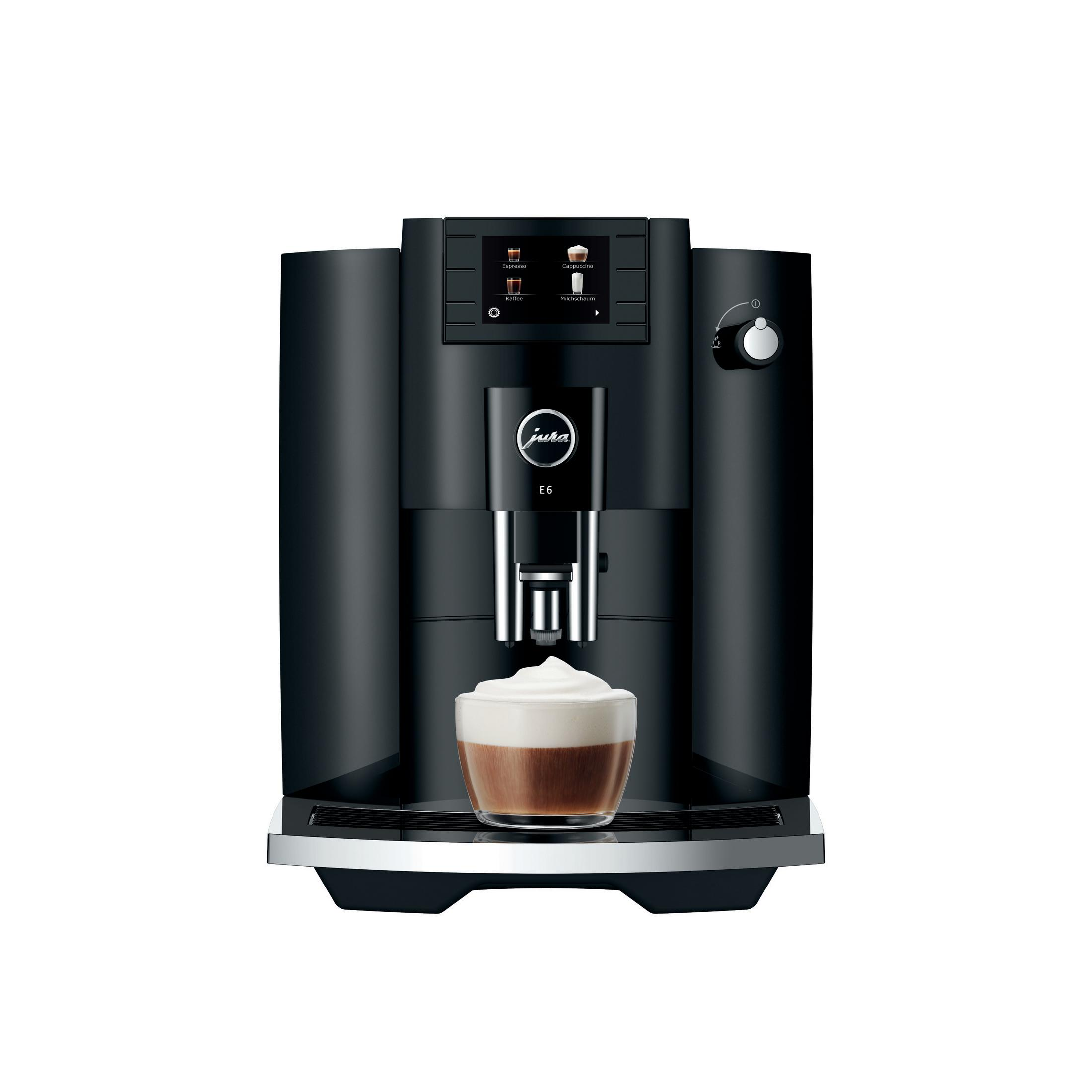 Czarny ekspres do kawy Jura E6 nalewa kawę do filiżanki z pianką.