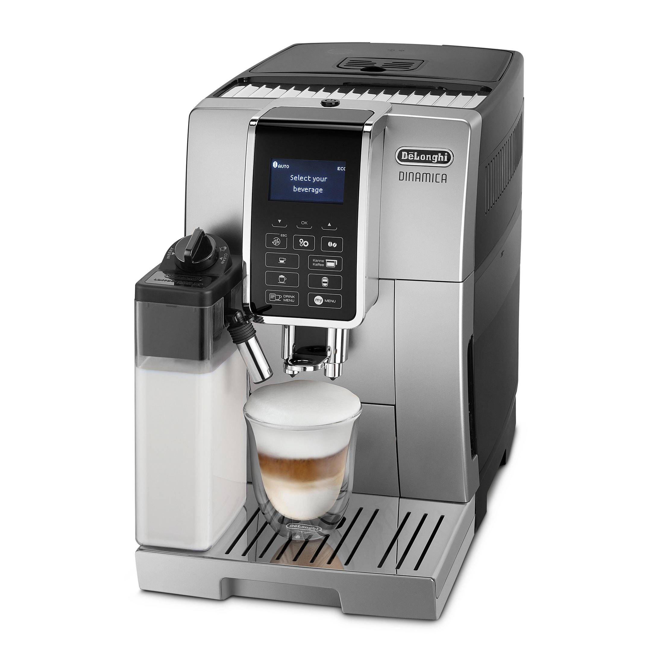 Silber-schwarze De'Longhi Kaffeemaschine. Milchbehälter, Glas und Touchscreen. Weißer Hintergrund.