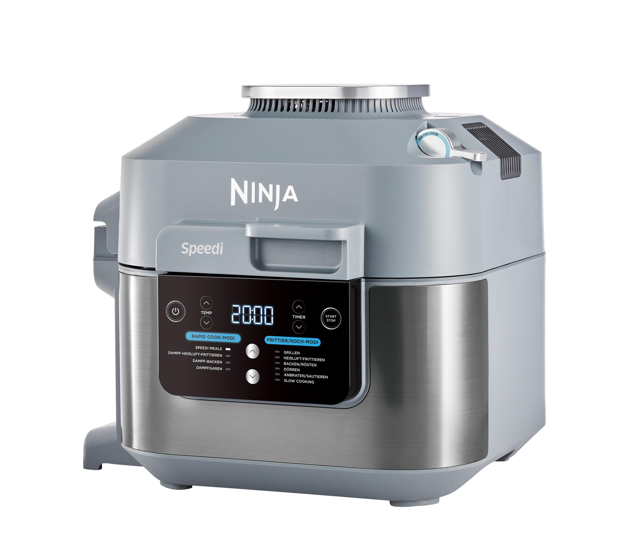 Szary multicooker Ninja Speedi. Posiada cyfrowy wyświetlacz i przyciski.