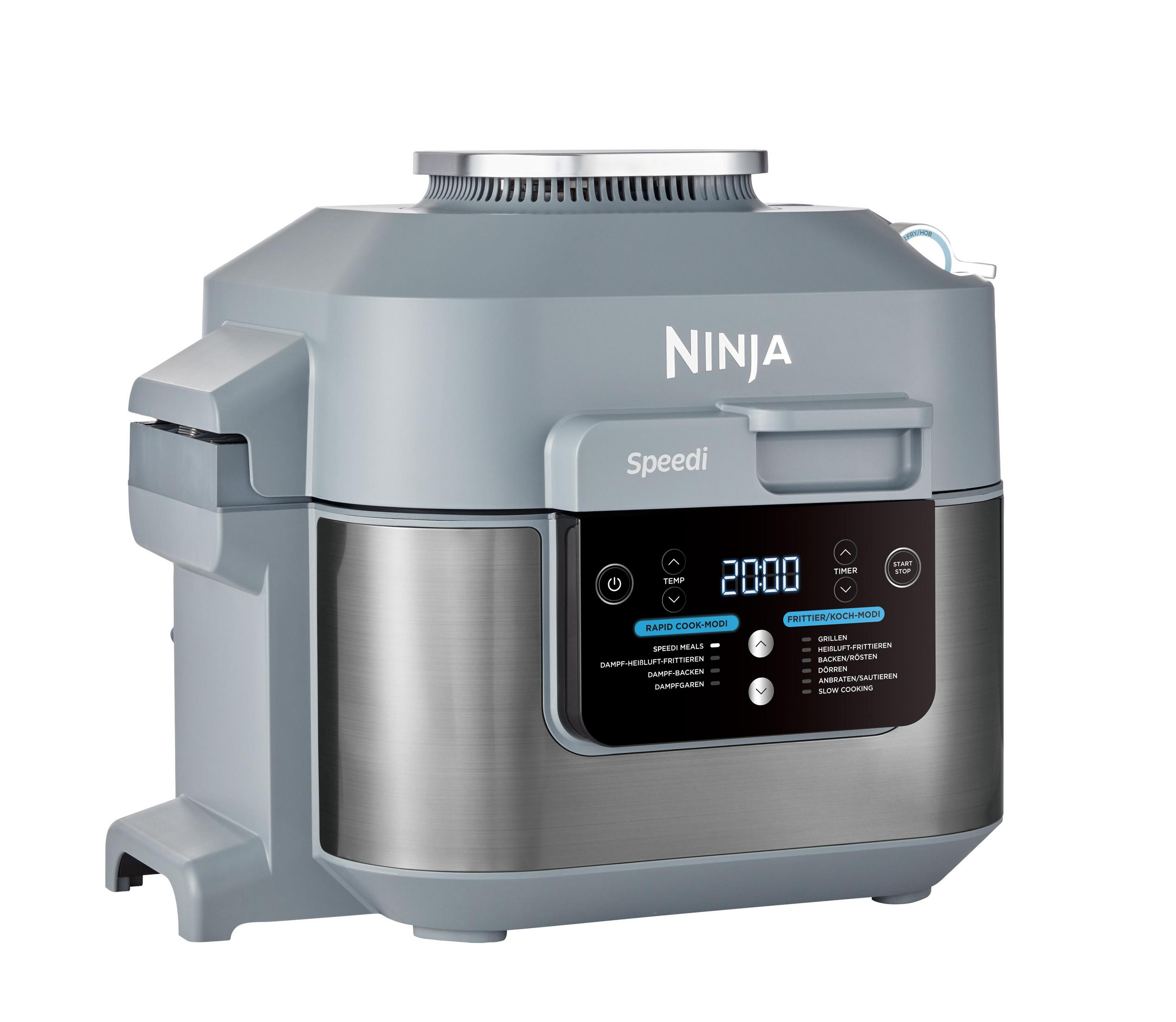 Szary i srebrny multicooker Ninja Speedi z cyfrowym wyświetlaczem.